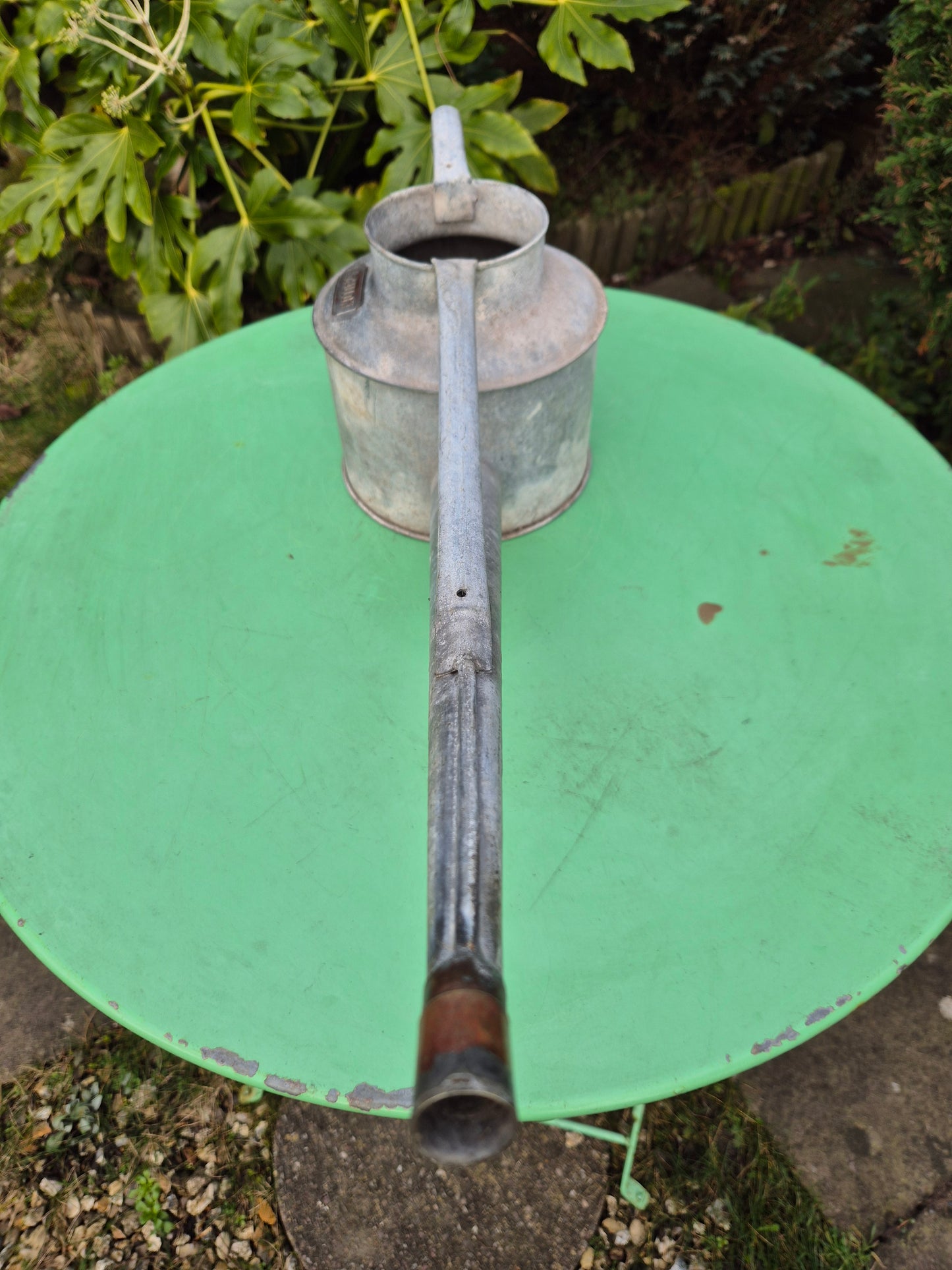 Vintage RARE 3/4 Gallon Galvanised Long Reach Watering Can Brass Badge