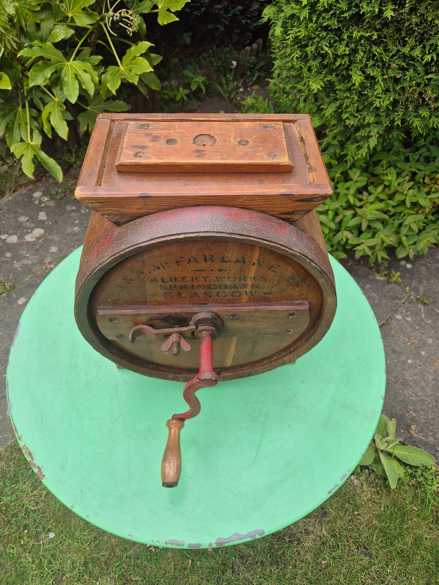 Antique wooden butter churn by J. & A. McFarlane
