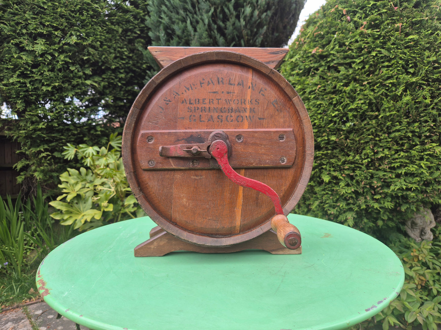 Antique wooden butter churn by J. & A. McFarlane