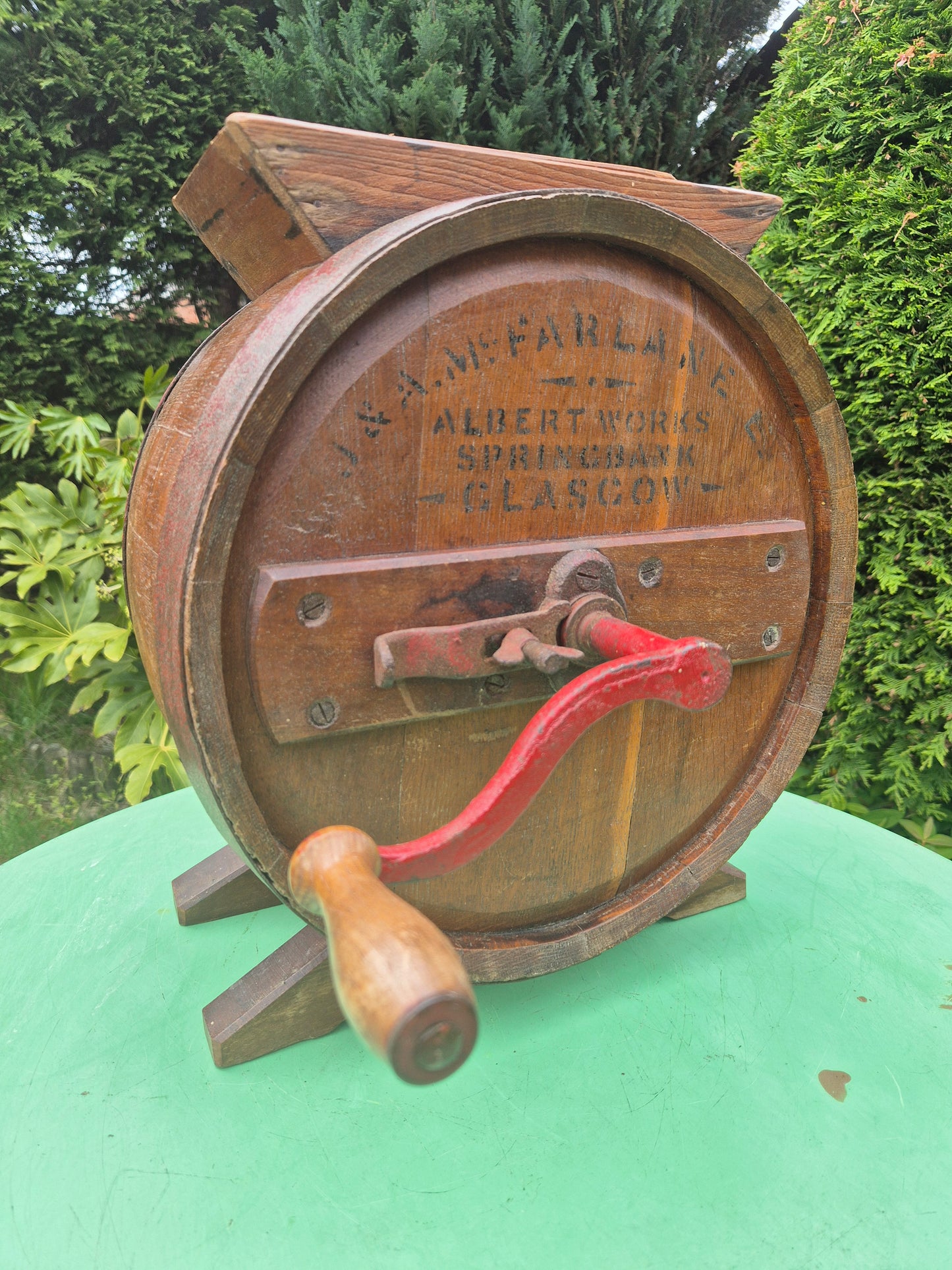 Antique wooden butter churn by J. & A. McFarlane