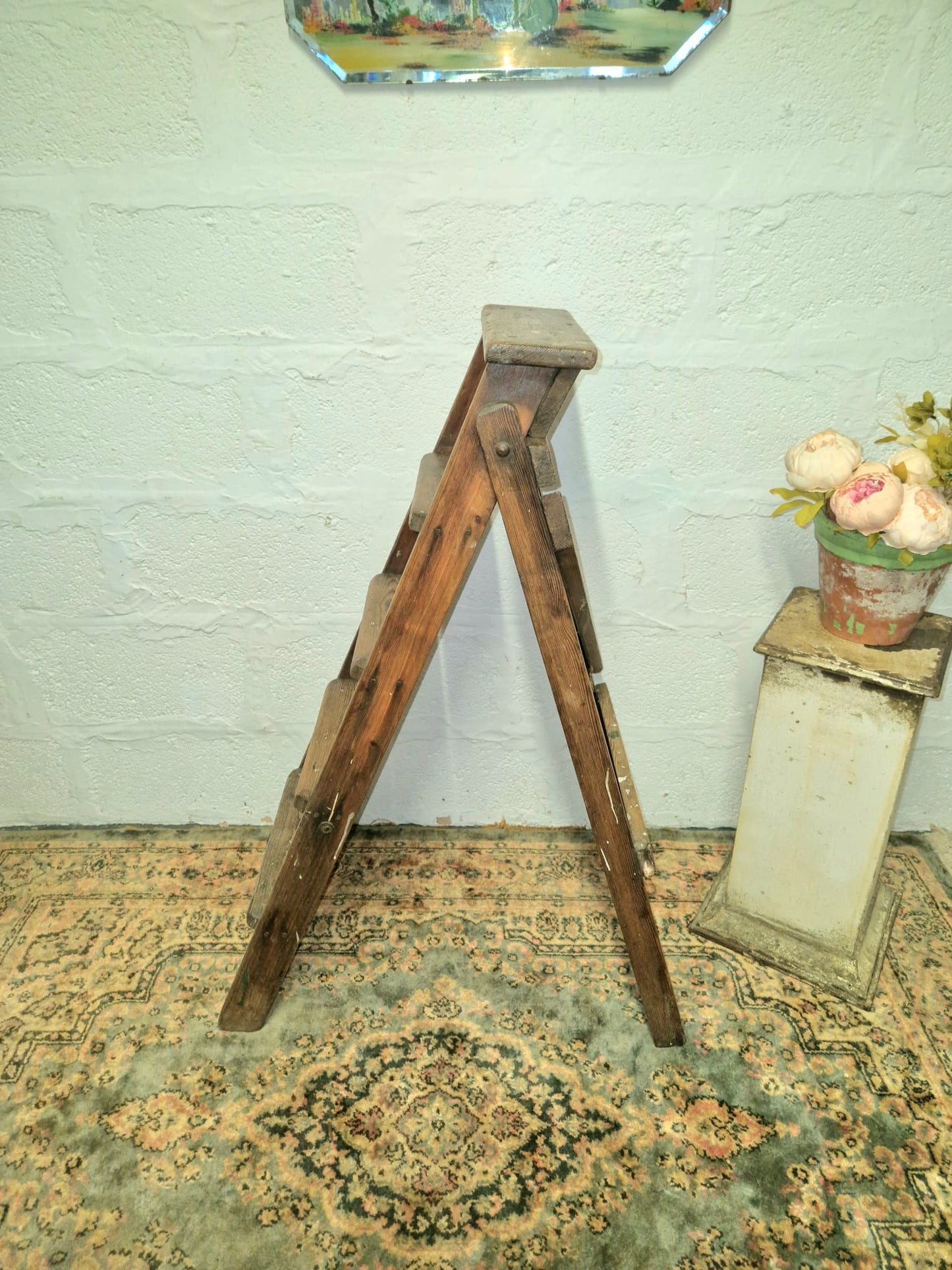 Vintage Rustic Step Ladders Wooden Pine Old Antique