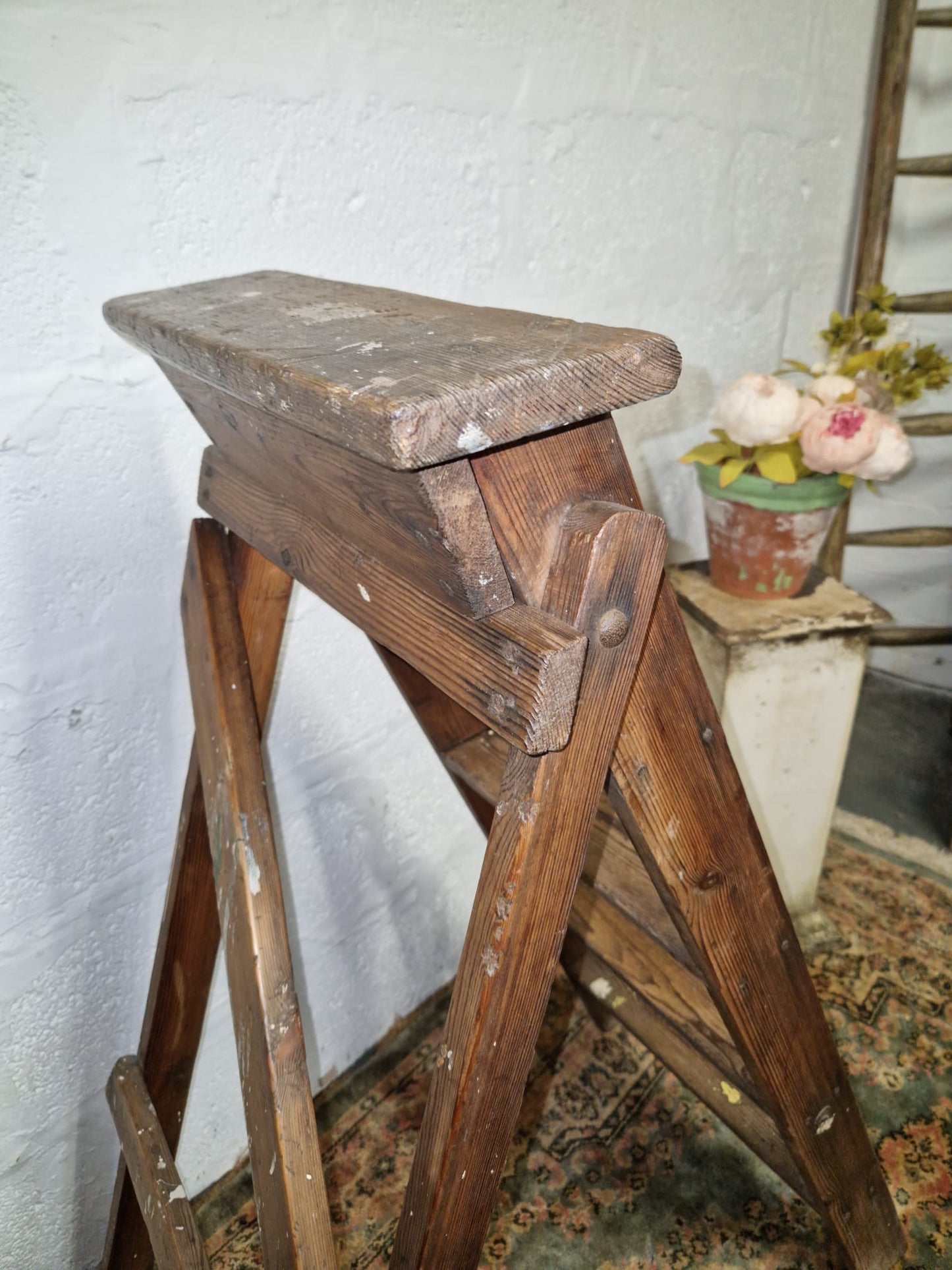 Vintage Rustic Step Ladders Wooden Pine Old Antique