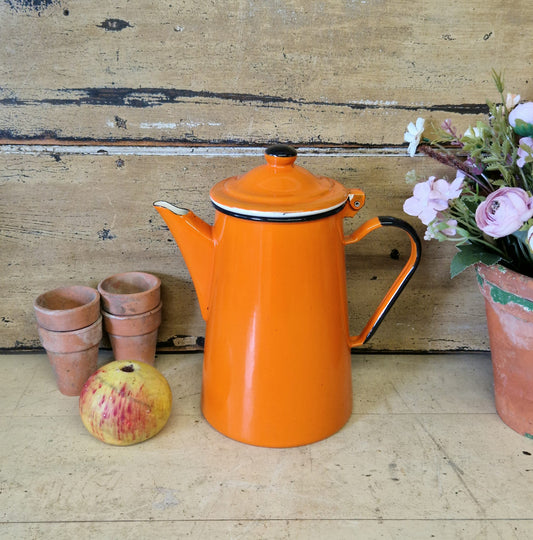 Vintage Enamel Hinged Retro Orange Coffee Pot Kettle