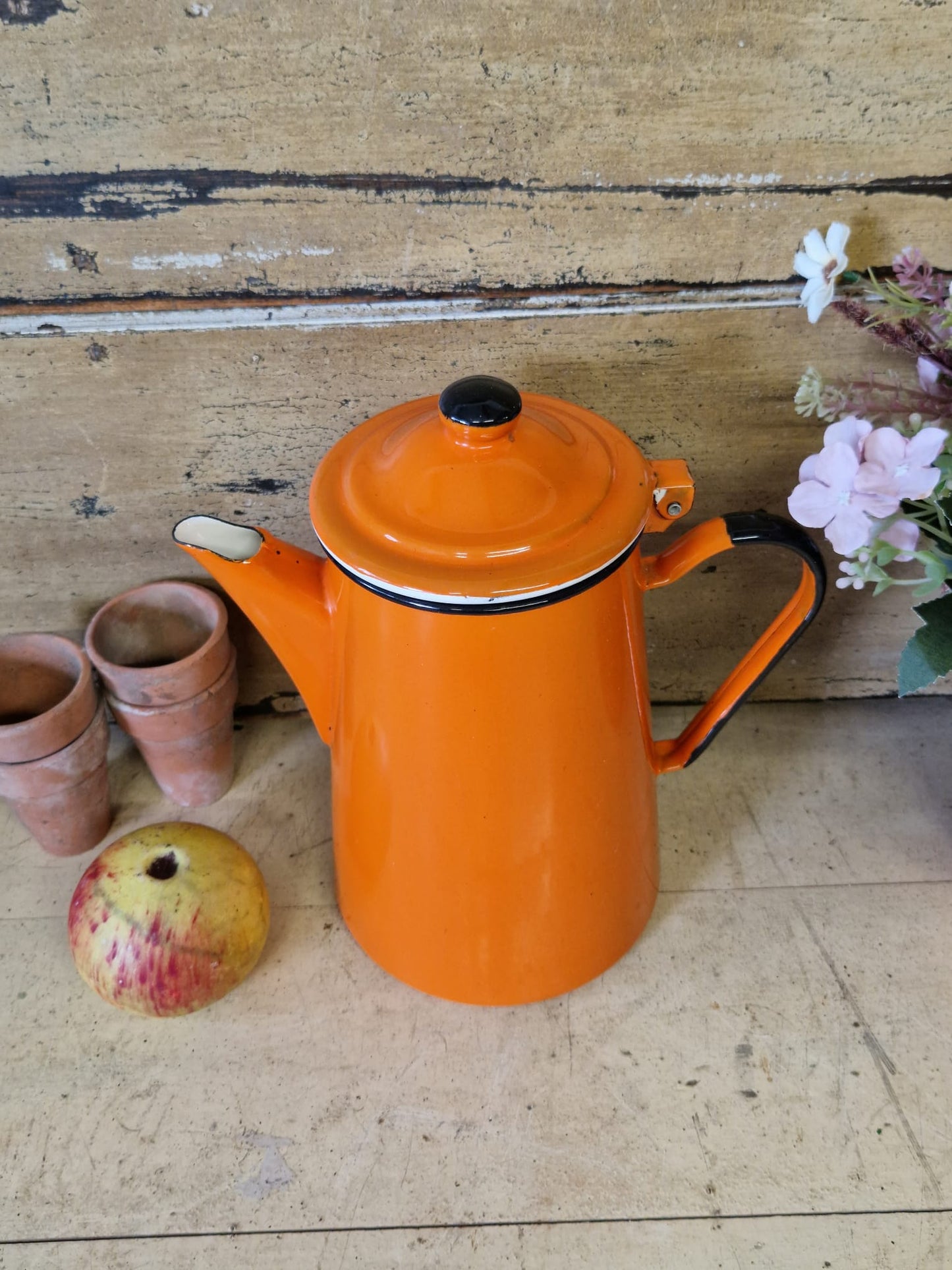 Vintage Enamel Hinged Retro Orange Coffee Pot Kettle