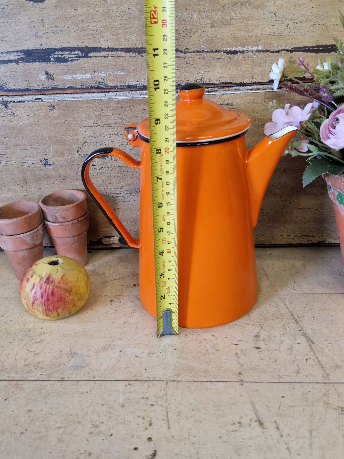 Vintage Enamel Hinged Retro Orange Coffee Pot Kettle