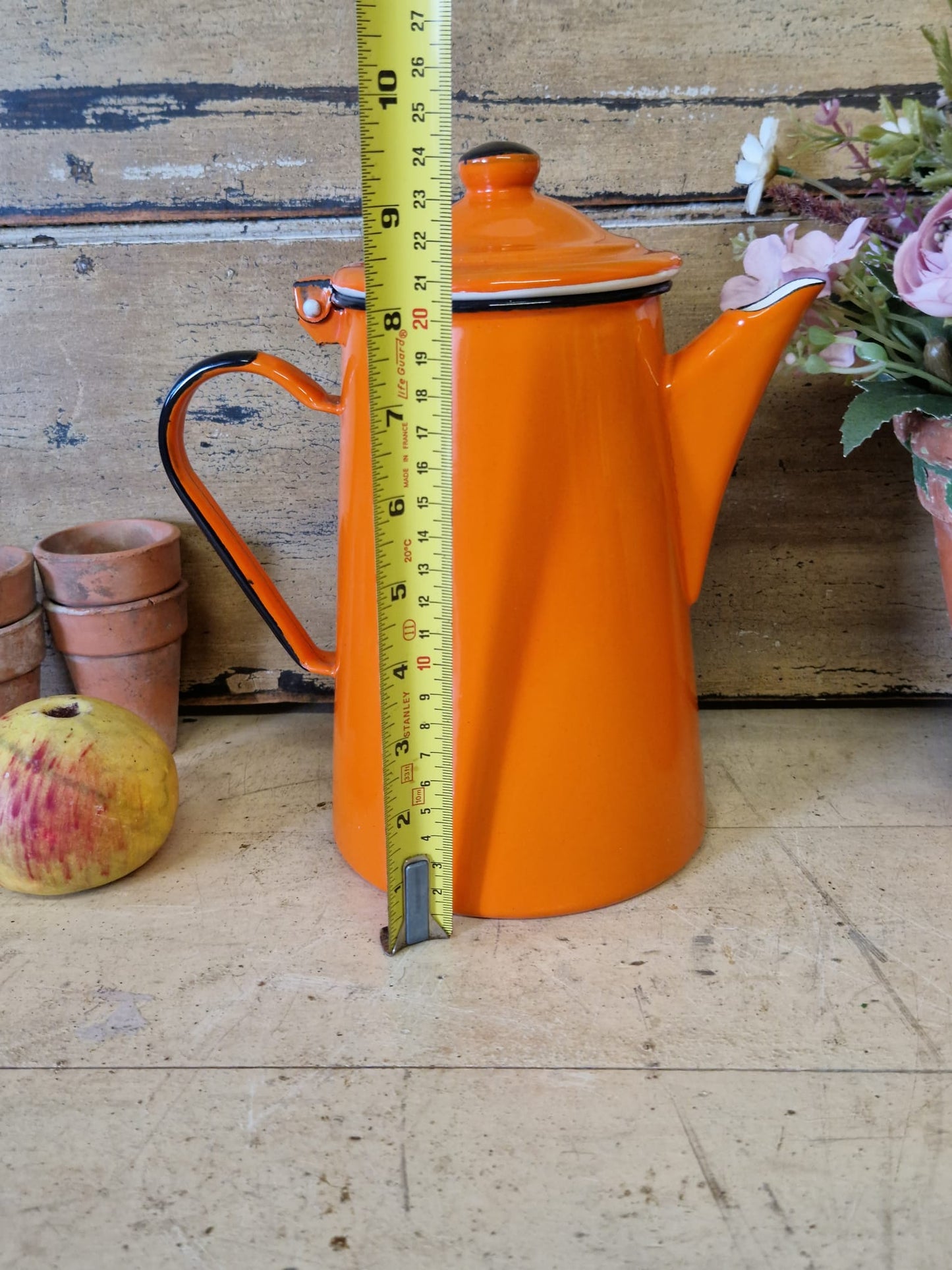 Vintage Enamel Hinged Retro Orange Coffee Pot Kettle