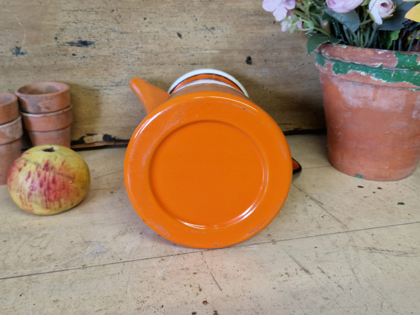 Vintage Enamel Hinged Retro Orange Coffee Pot Kettle