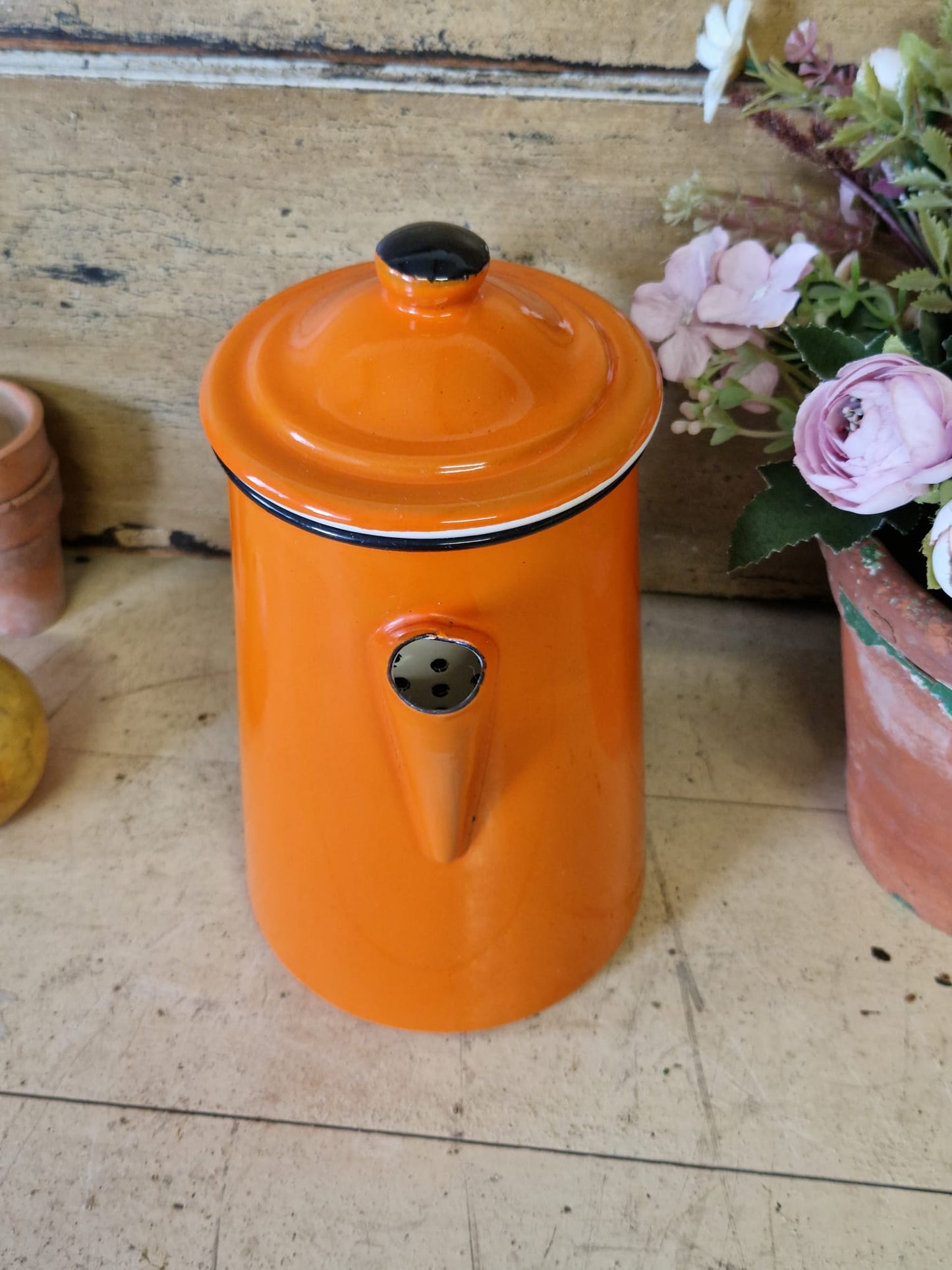 Vintage Enamel Hinged Retro Orange Coffee Pot Kettle