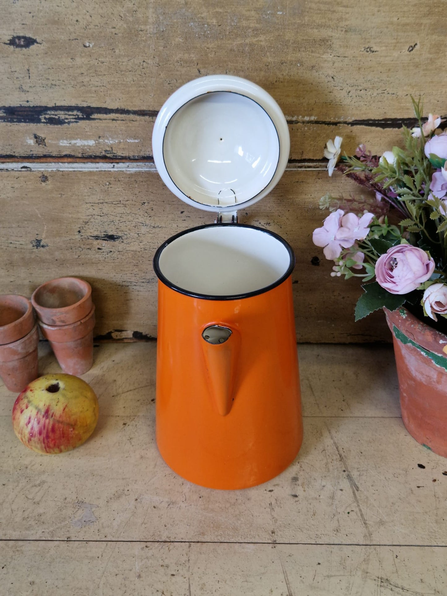 Vintage Enamel Hinged Retro Orange Coffee Pot Kettle