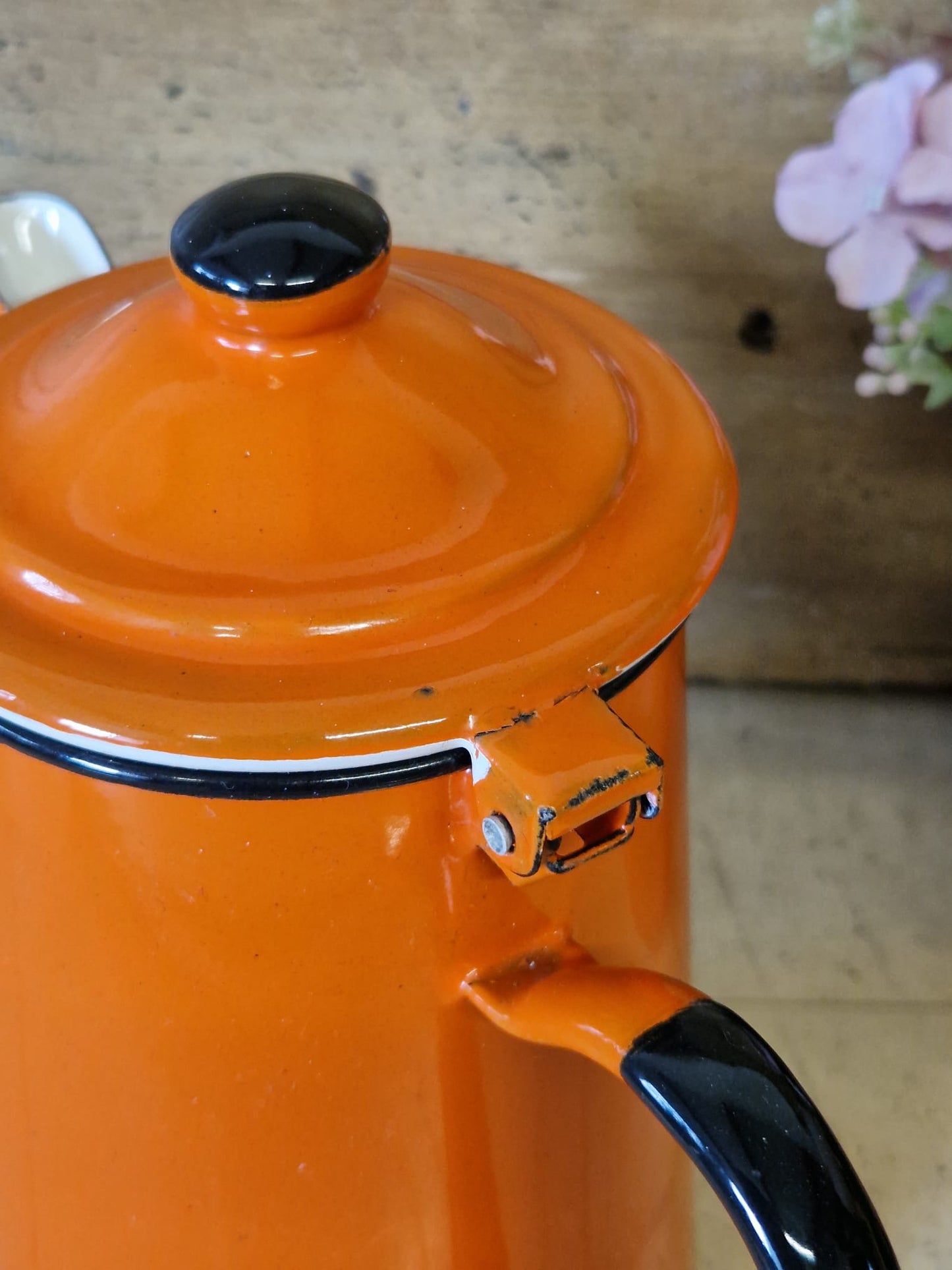 Vintage Enamel Hinged Retro Orange Coffee Pot Kettle