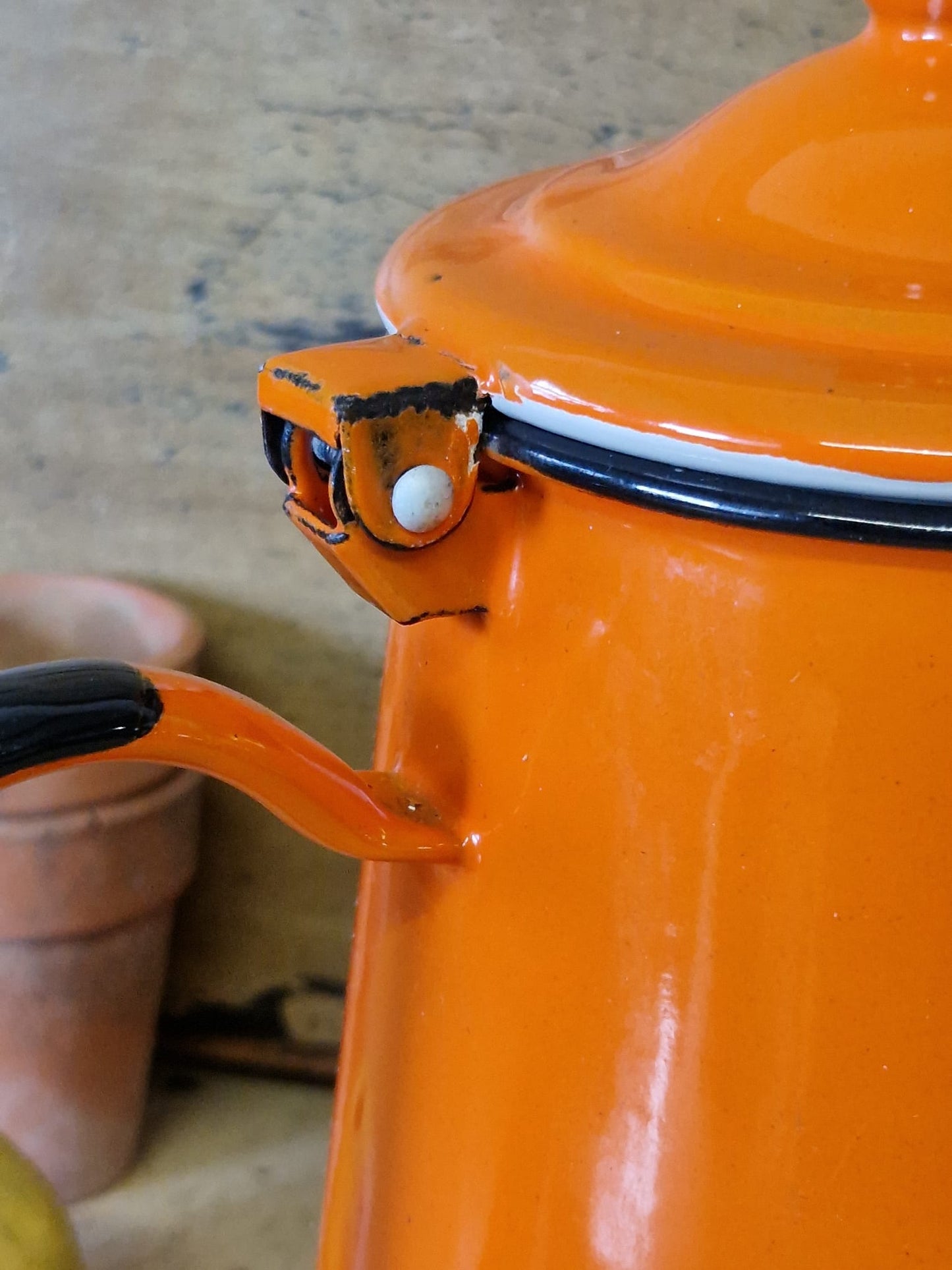 Vintage Enamel Hinged Retro Orange Coffee Pot Kettle