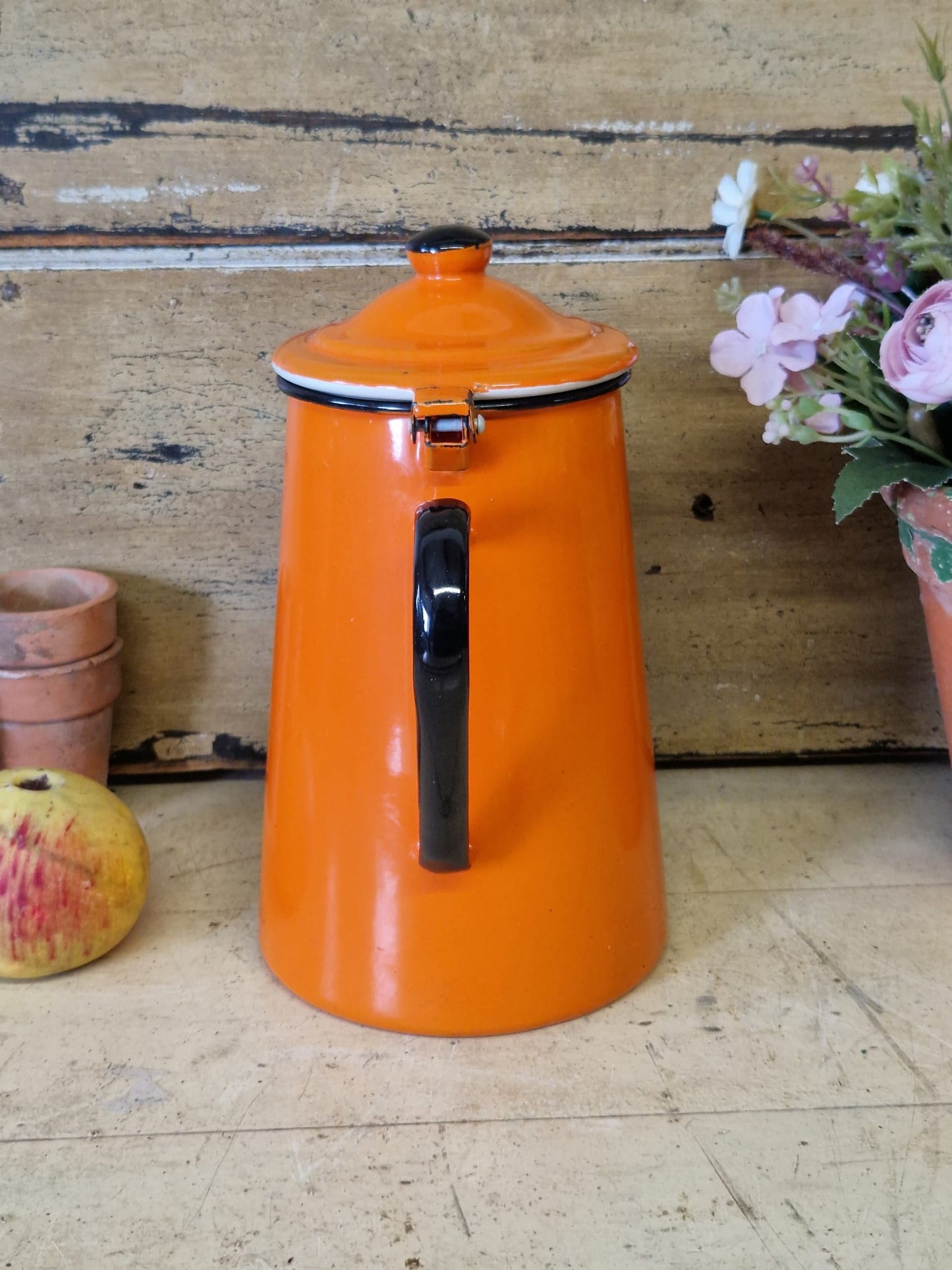 Vintage Enamel Hinged Retro Orange Coffee Pot Kettle