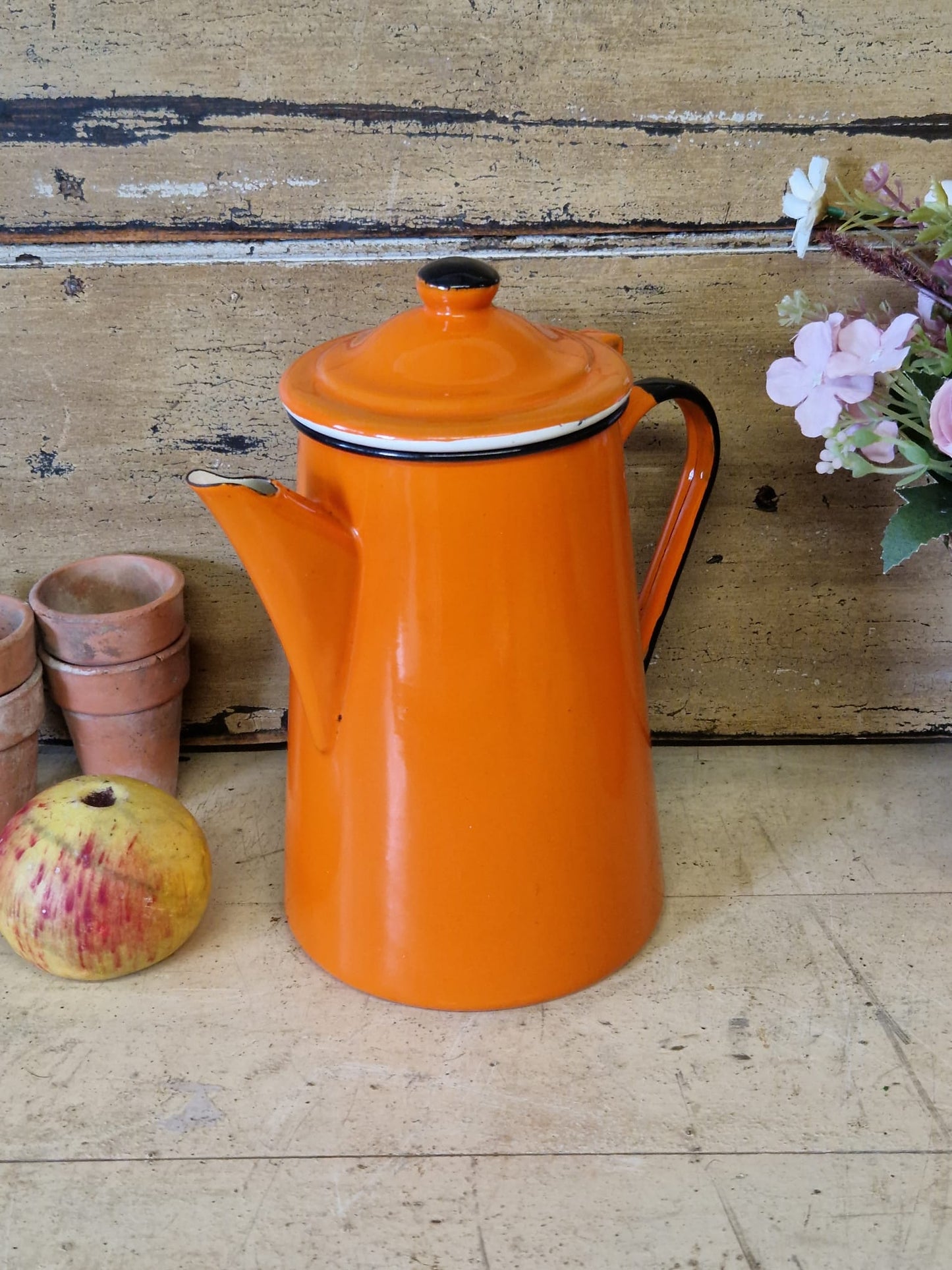 Vintage Enamel Hinged Retro Orange Coffee Pot Kettle