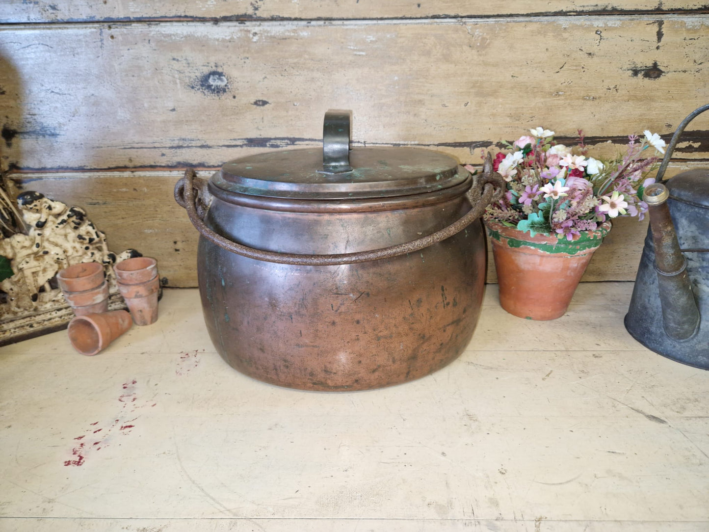 Antique Copper Oval Copper Cooking Pot Late 19th Century Country Home Verdigris