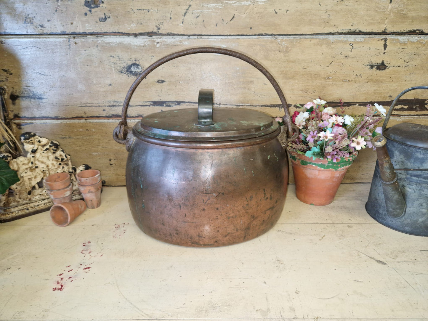 Antique Copper Oval Copper Cooking Pot Late 19th Century Country Home Verdigris