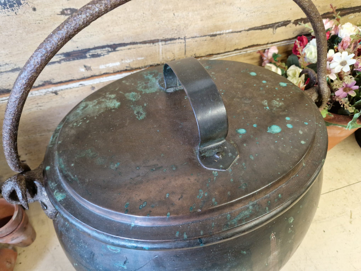 Antique Copper Oval Copper Cooking Pot Late 19th Century Country Home Verdigris