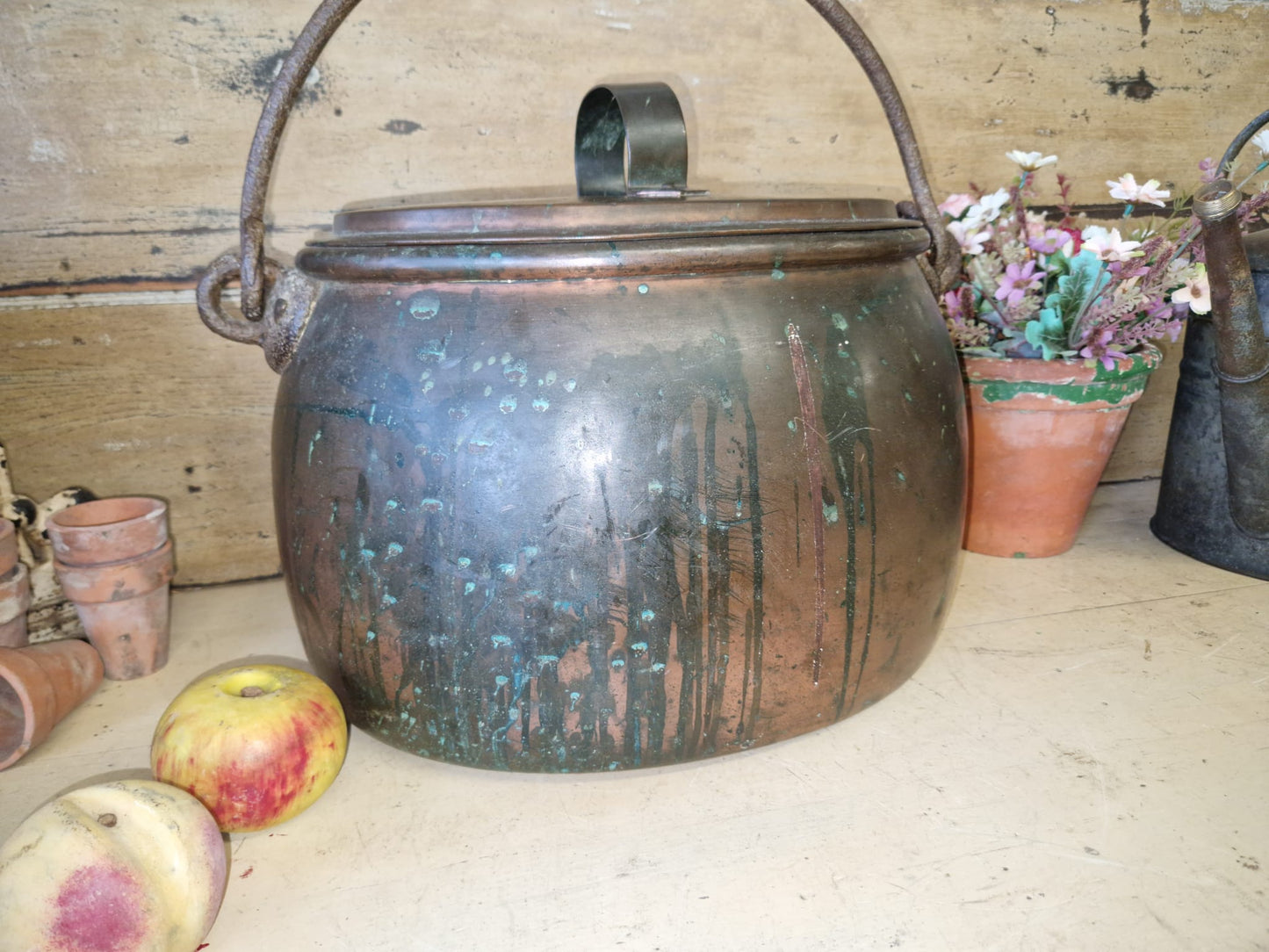 Antique Copper Oval Copper Cooking Pot Late 19th Century Country Home Verdigris