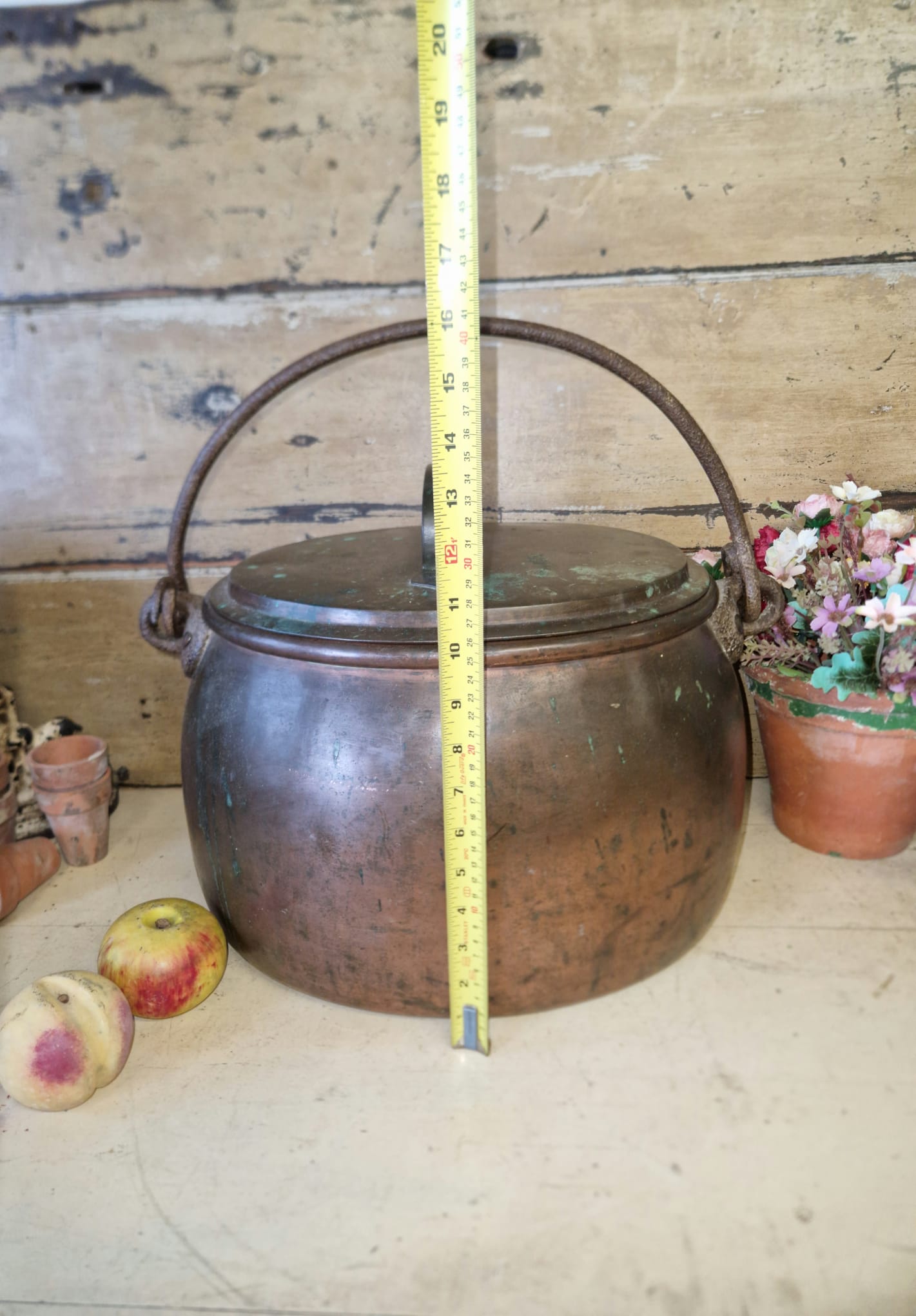 Antique Copper Oval Copper Cooking Pot Late 19th Century Country Home Verdigris