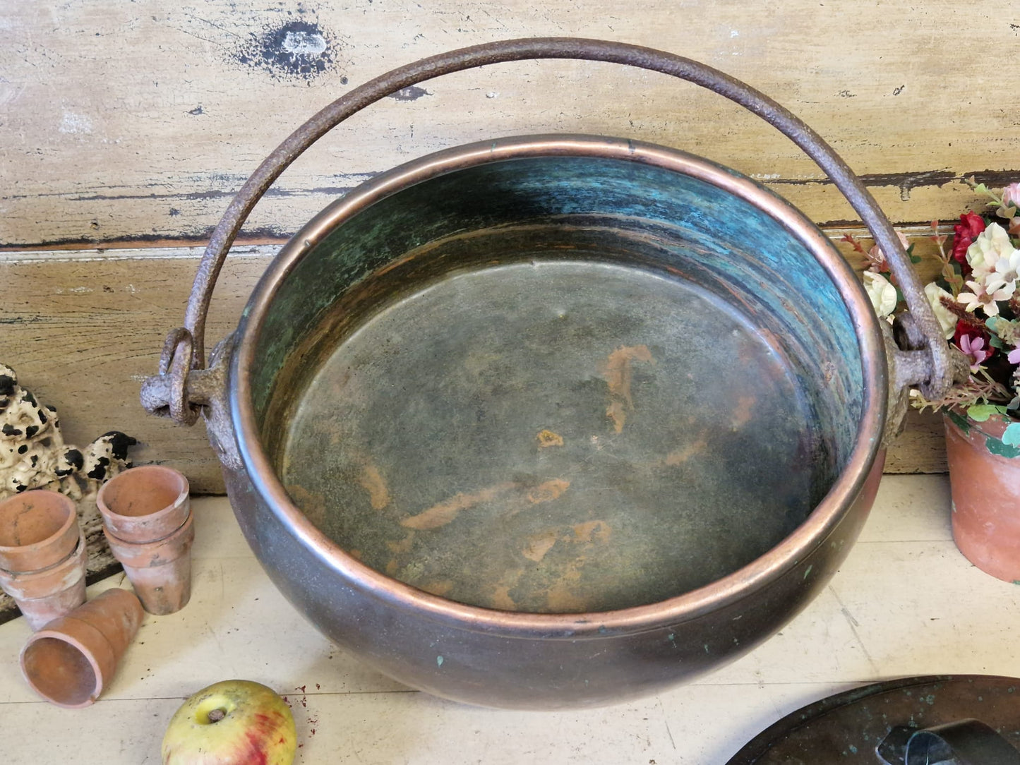 Antique Copper Oval Copper Cooking Pot Late 19th Century Country Home Verdigris