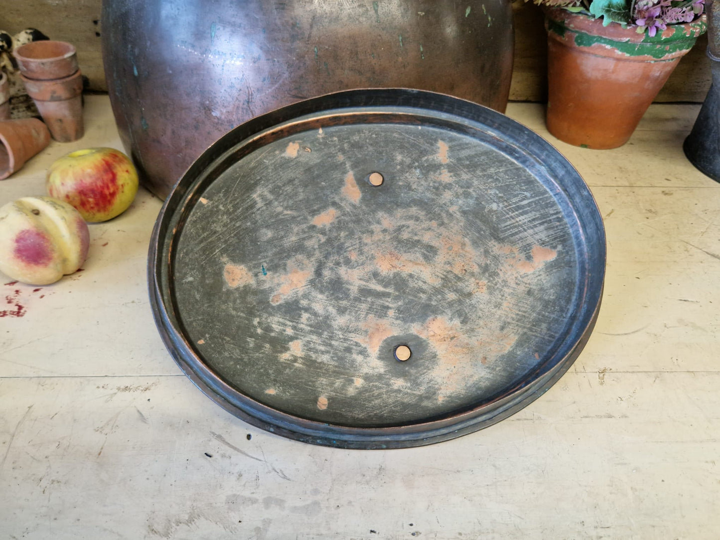 Antique Copper Oval Copper Cooking Pot Late 19th Century Country Home Verdigris