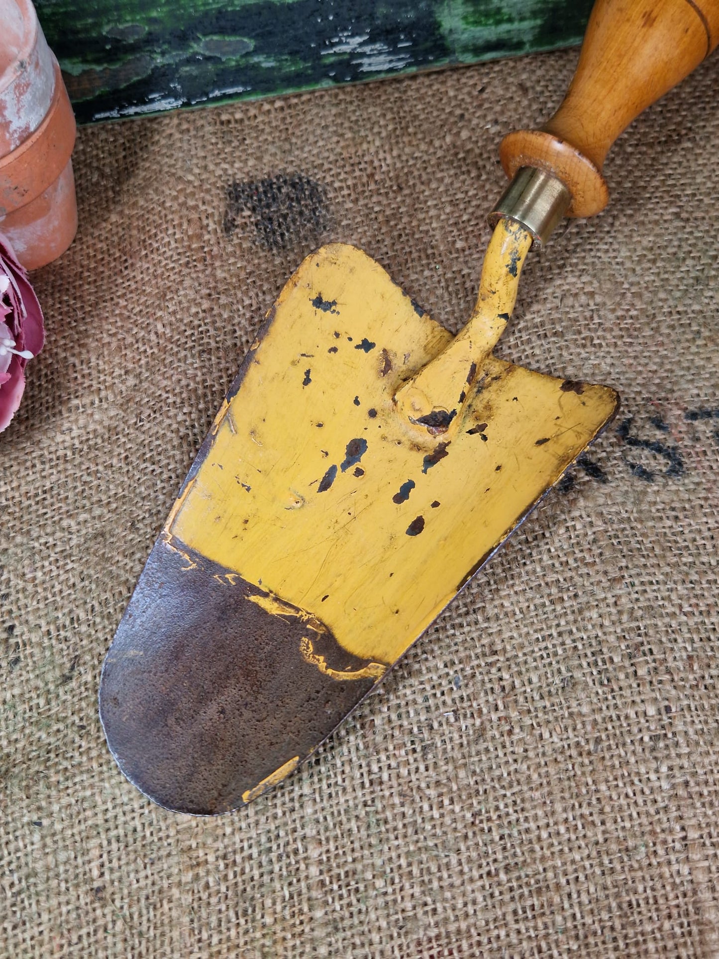 Vintage Garden Hand Trowel Yellow Chippy Paint