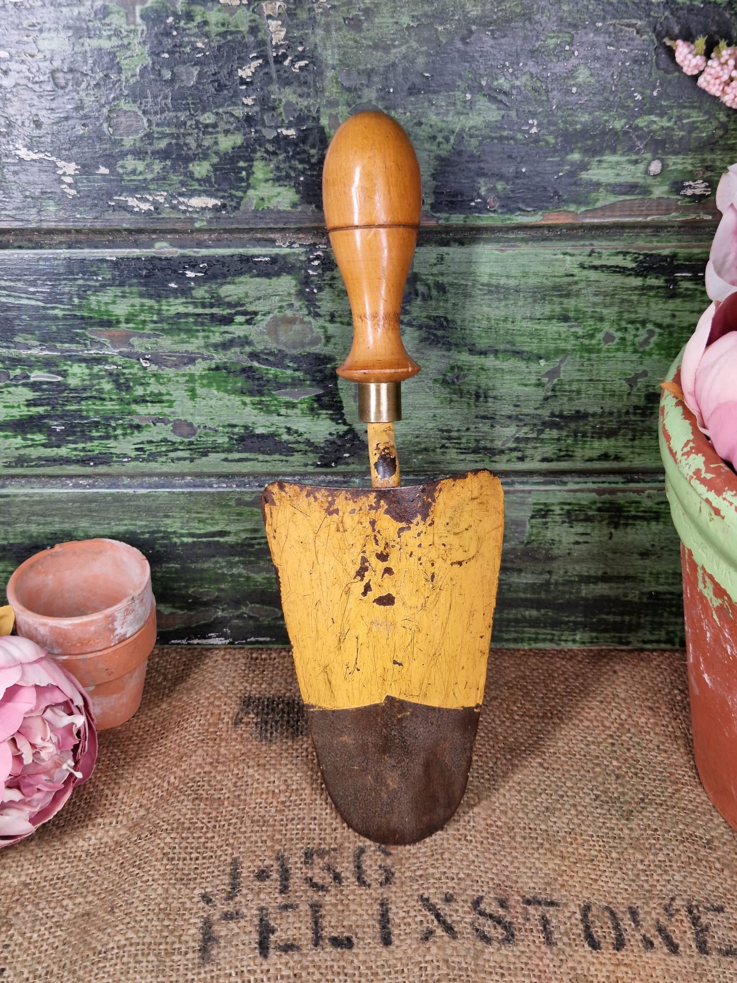 Vintage Garden Hand Trowel Yellow Chippy Paint