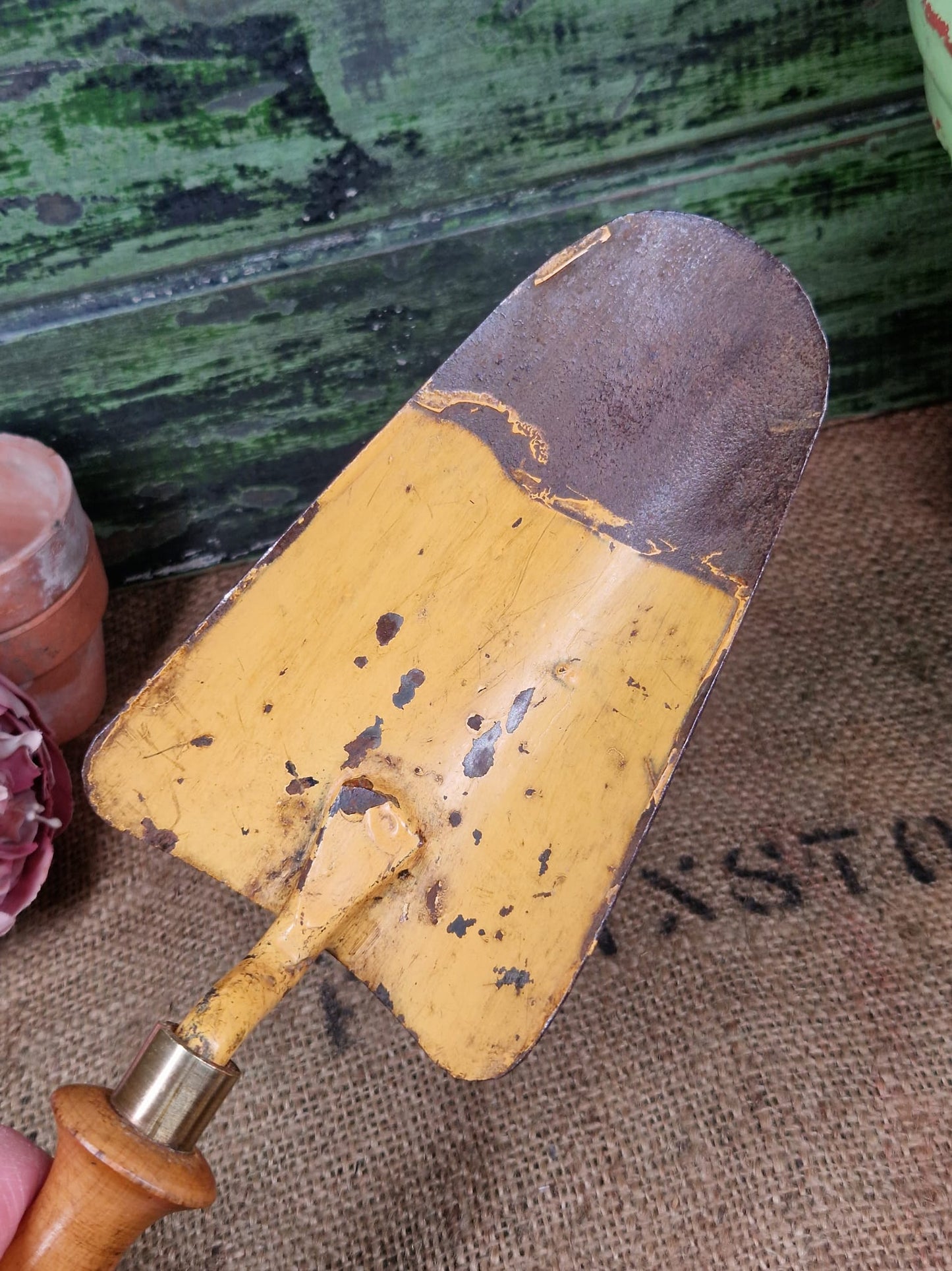 Vintage Garden Hand Trowel Yellow Chippy Paint