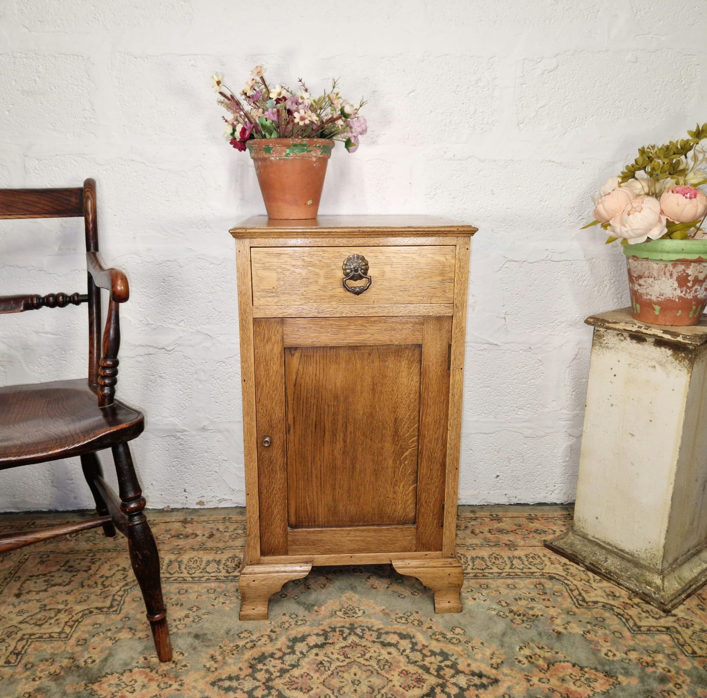 Antique Oak Bedside Cabinet Cupboard Side Table Night Stand With Drawer