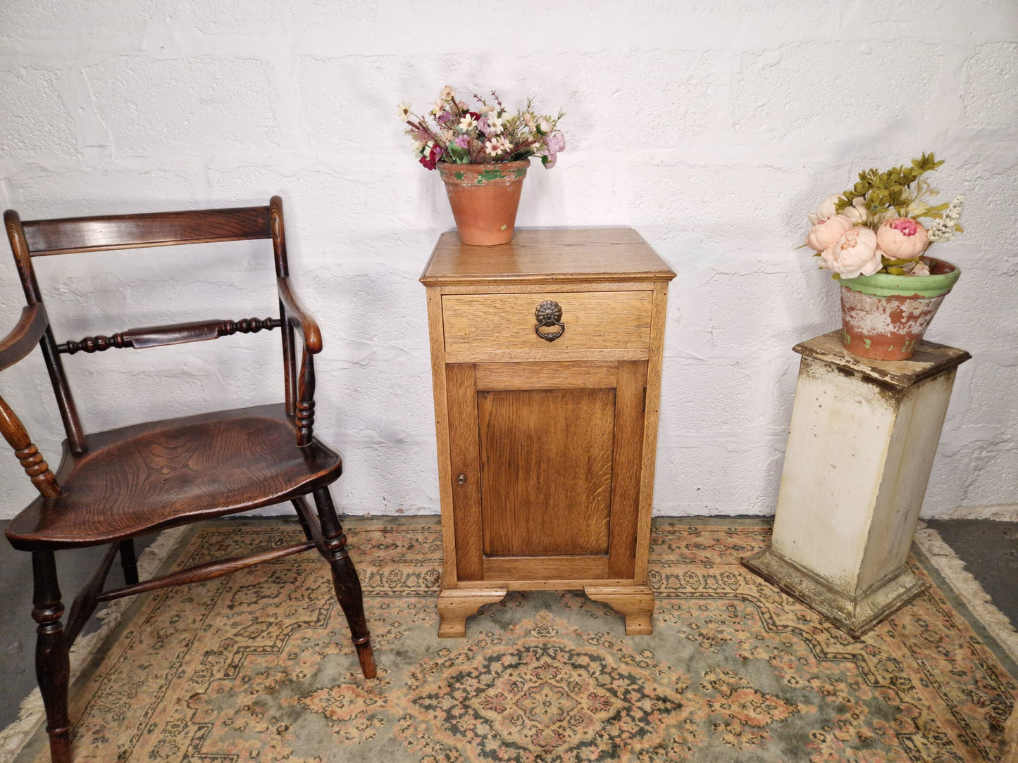 Antique Oak Bedside Cabinet Cupboard Side Table Night Stand With Drawer