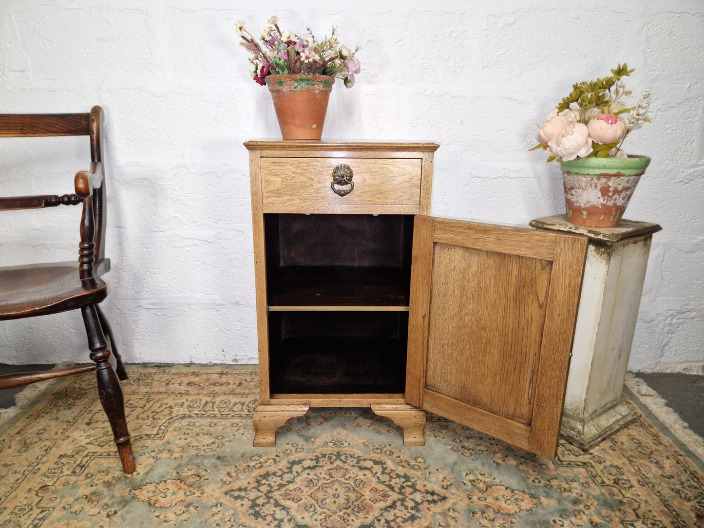 Antique Oak Bedside Cabinet Cupboard Side Table Night Stand With Drawer