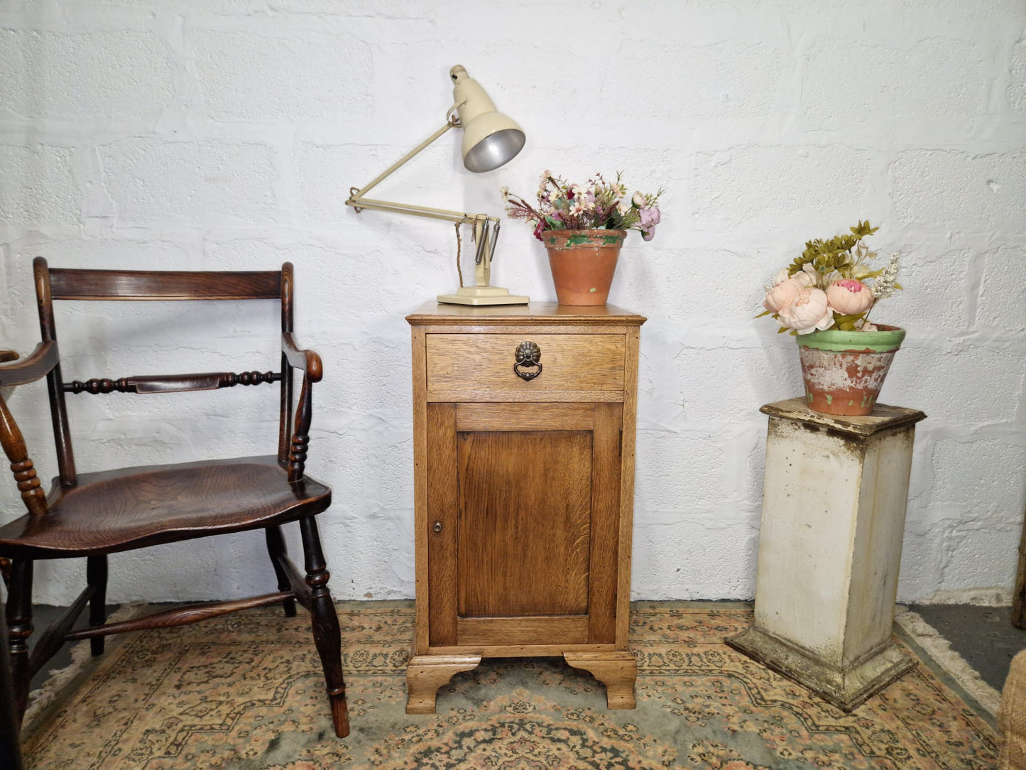 Antique Oak Bedside Cabinet Cupboard Side Table Night Stand With Drawer