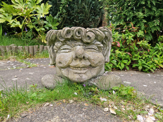 Vintage Composite Stone Garden Flower Pot Planter Gargoyle Hobbit Funny Face