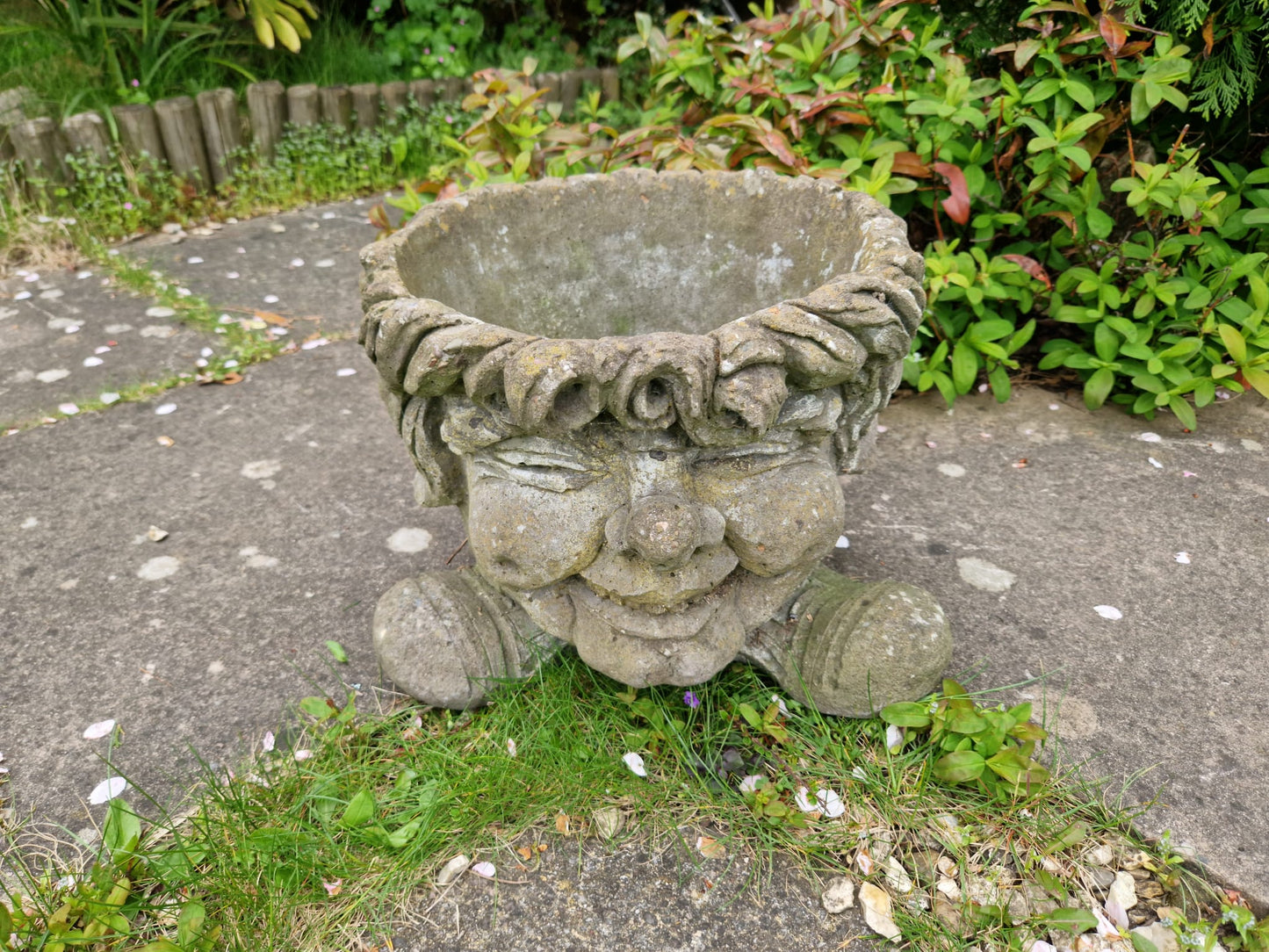 Vintage Composite Stone Garden Flower Pot Planter Gargoyle Hobbit Funny Face