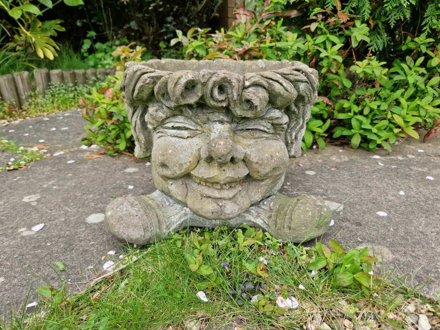 Vintage Composite Stone Garden Flower Pot Planter Gargoyle Hobbit Funny Face