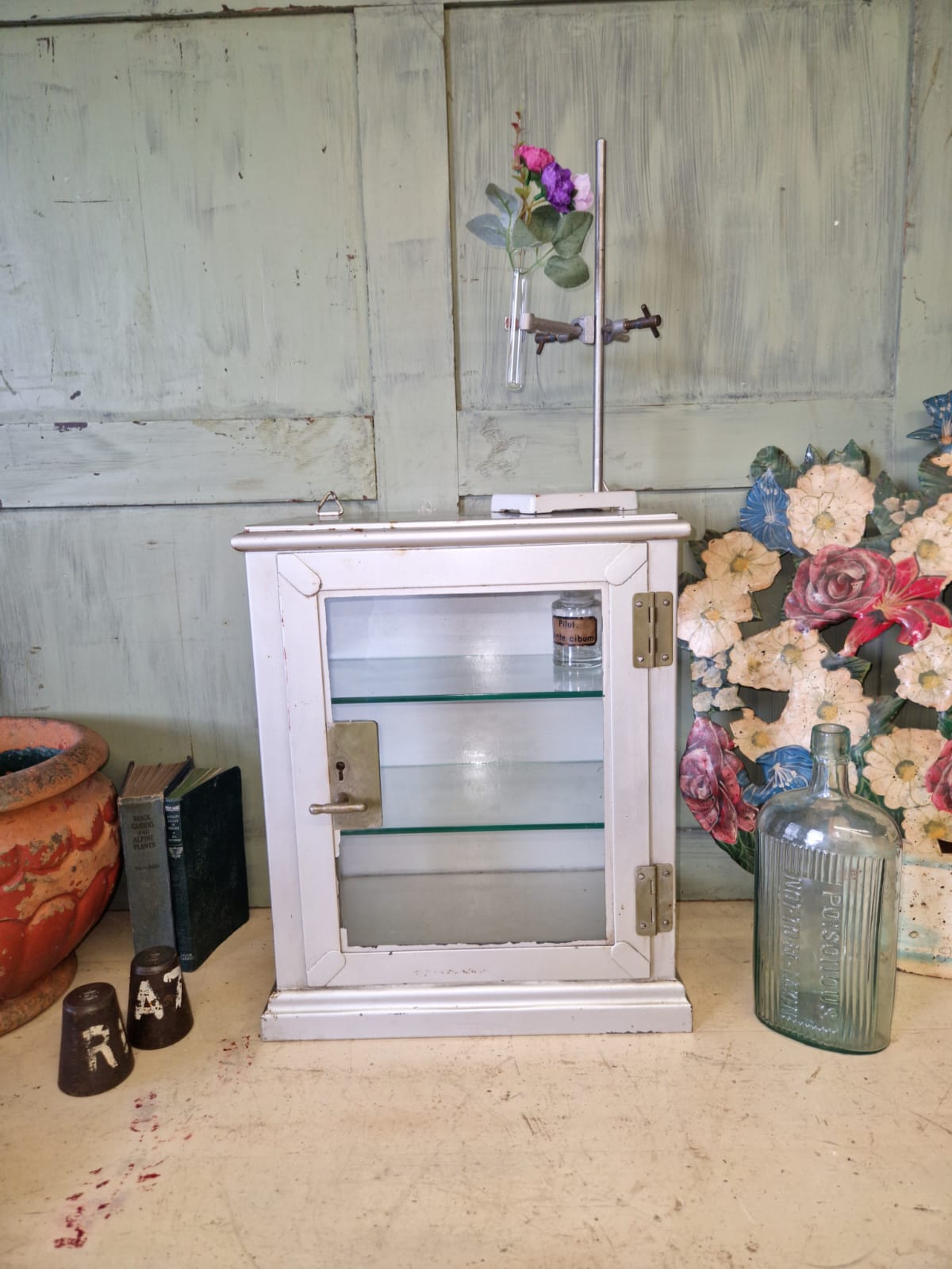 Antique Chemist Medical Medicine Collectors Metal And Glass Cabinet 2 X Shelves