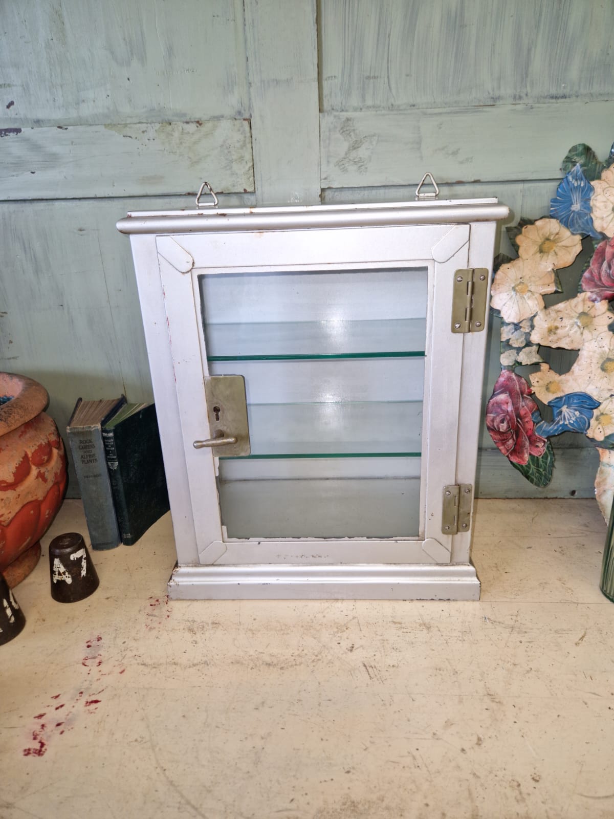 Antique Chemist Medical Medicine Collectors Metal And Glass Cabinet 2 X Shelves