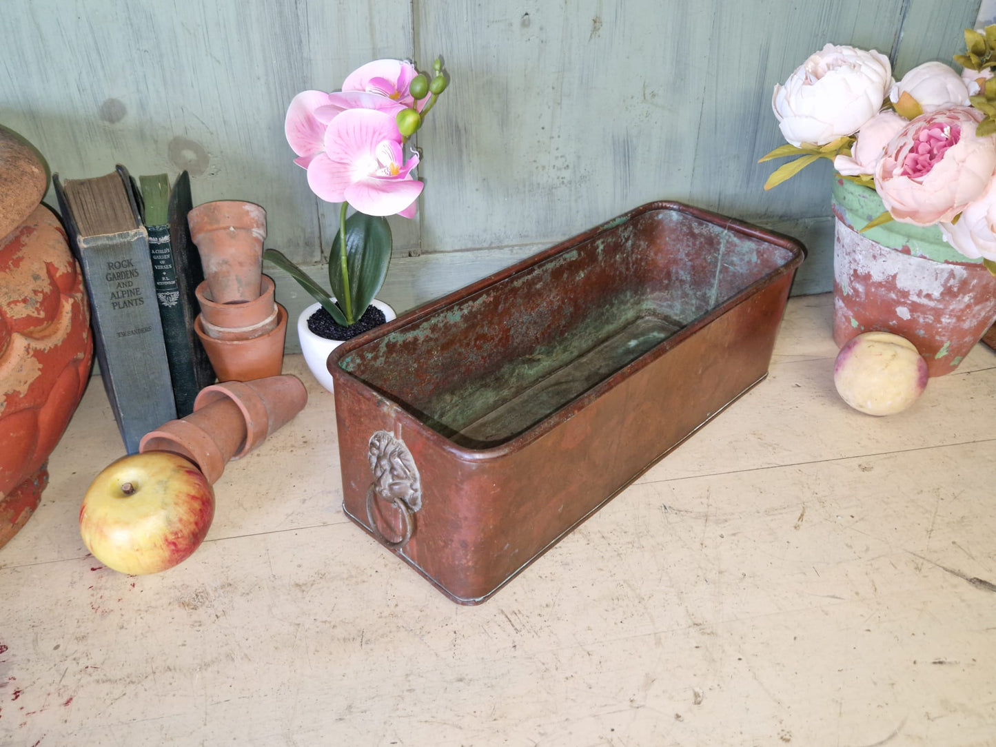 Vintage Copper Trough Tub Old Brass Lion Handles Planter Plant Pot Windowsill Container