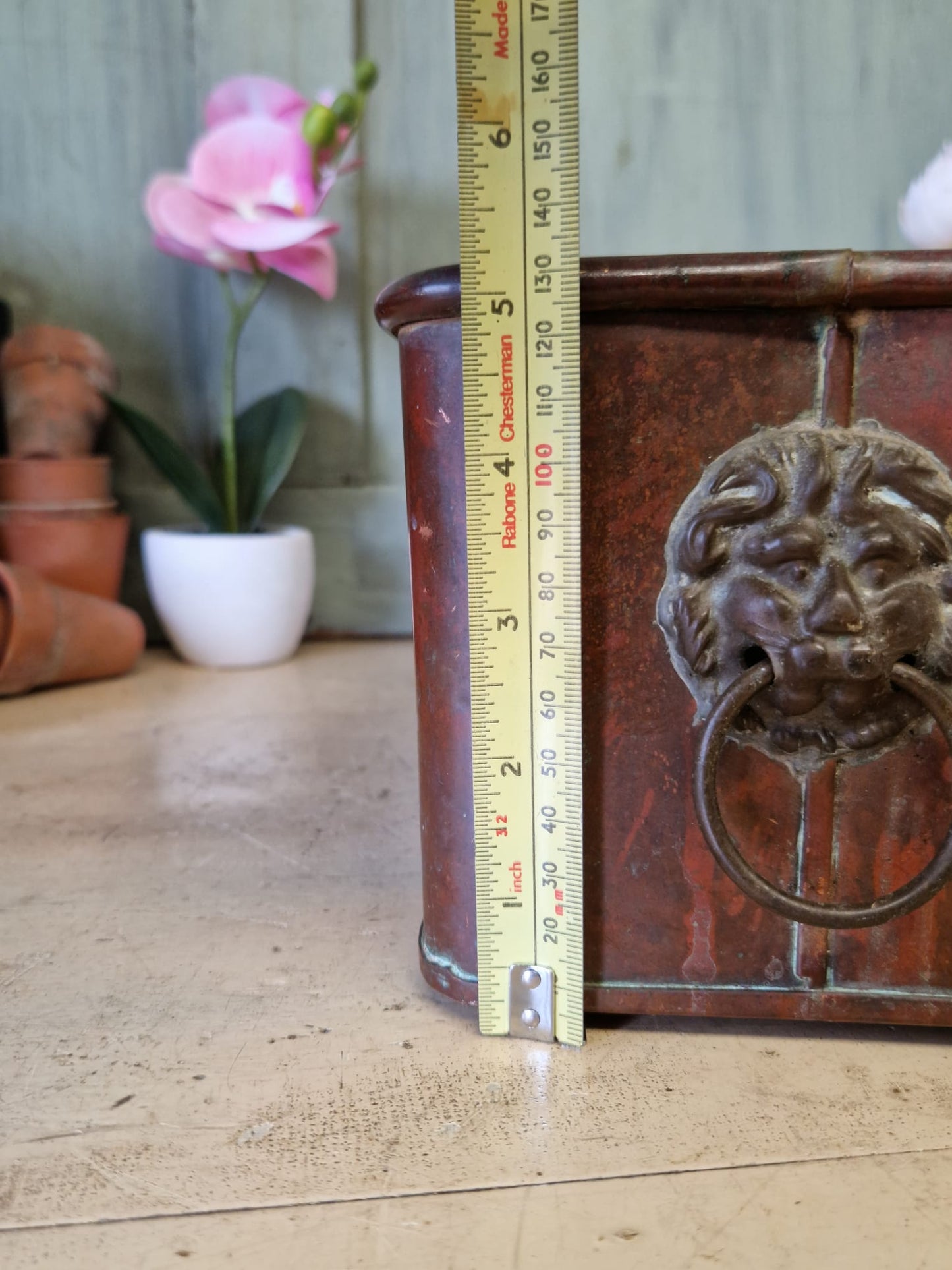 Vintage Copper Trough Tub Old Brass Lion Handles Planter Plant Pot Windowsill Container