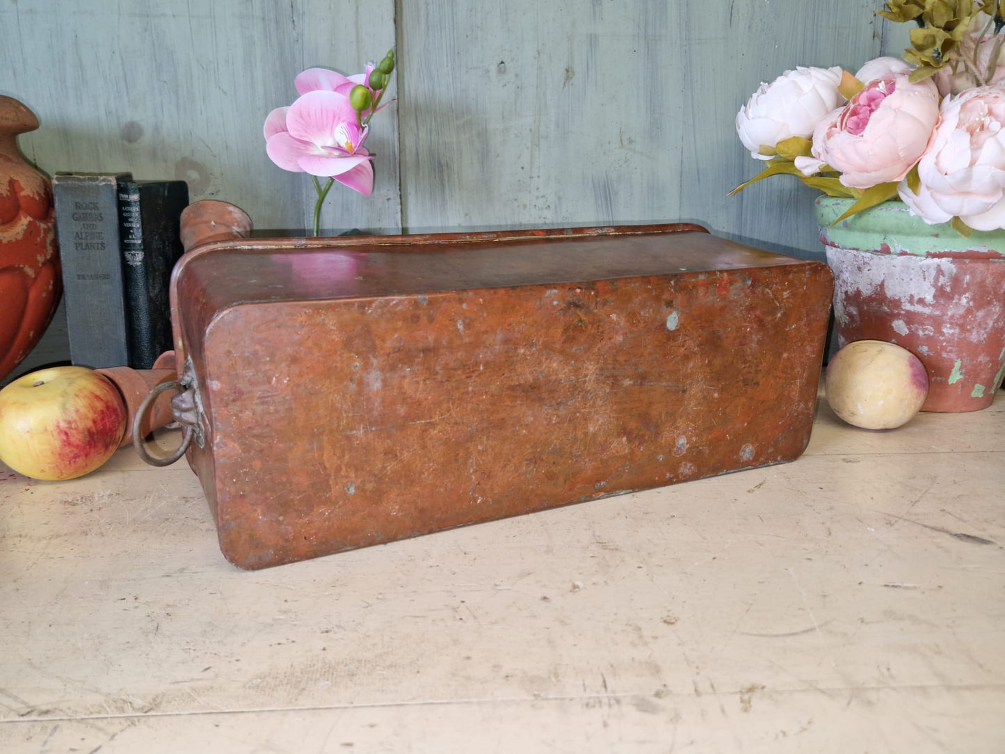 Vintage Copper Trough Tub Old Brass Lion Handles Planter Plant Pot Windowsill Container