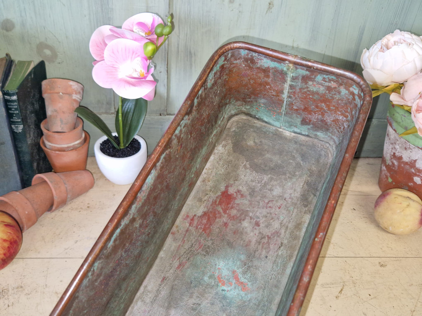 Vintage Copper Trough Tub Old Brass Lion Handles Planter Plant Pot Windowsill Container