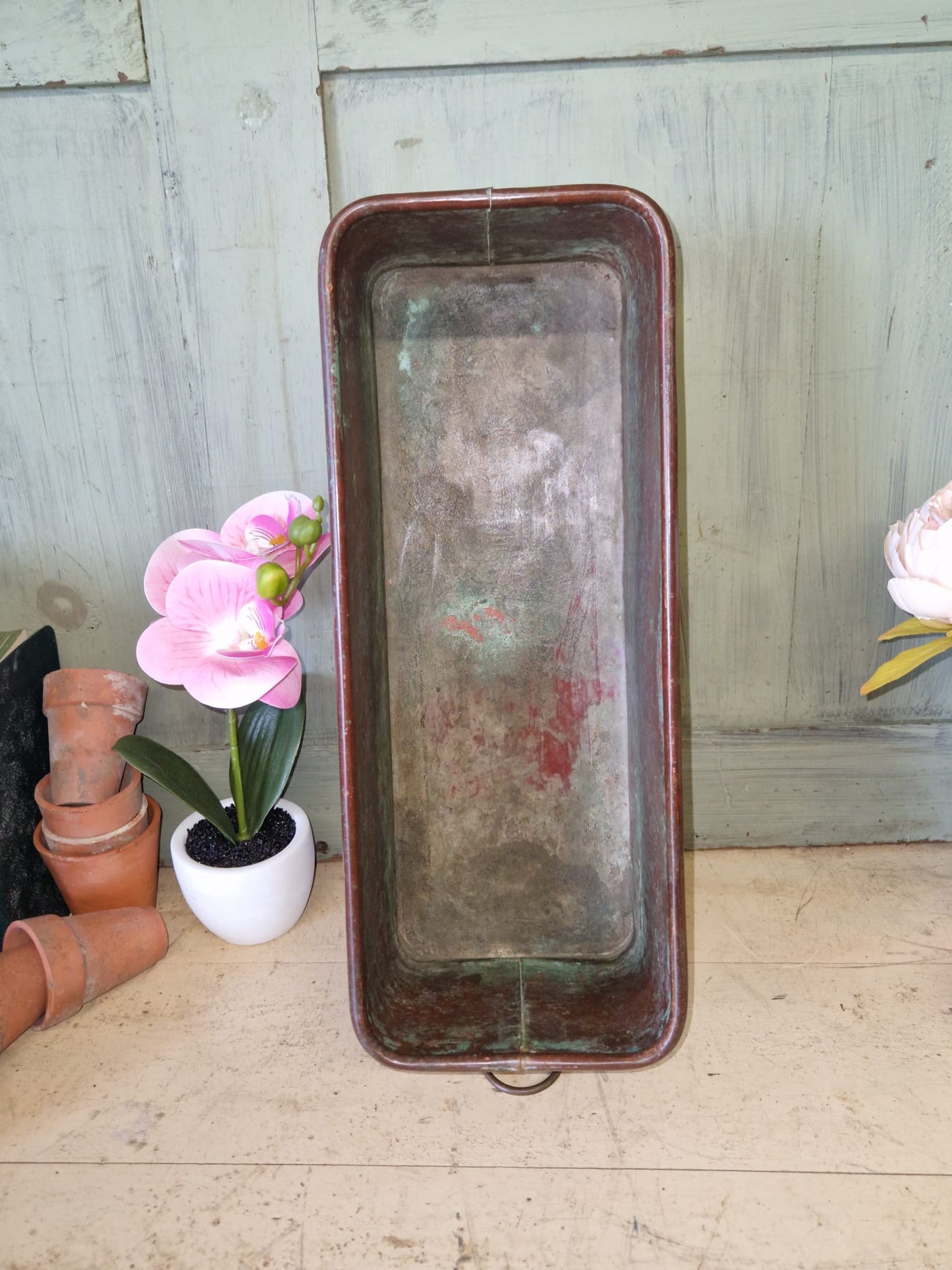 Vintage Copper Trough Tub Old Brass Lion Handles Planter Plant Pot Windowsill Container