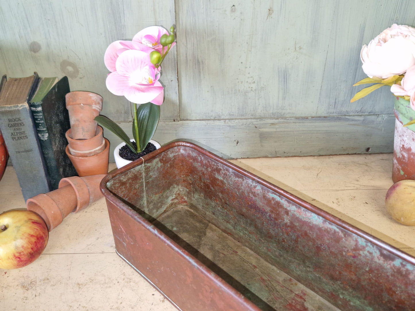 Vintage Copper Trough Tub Old Brass Lion Handles Planter Plant Pot Windowsill Container