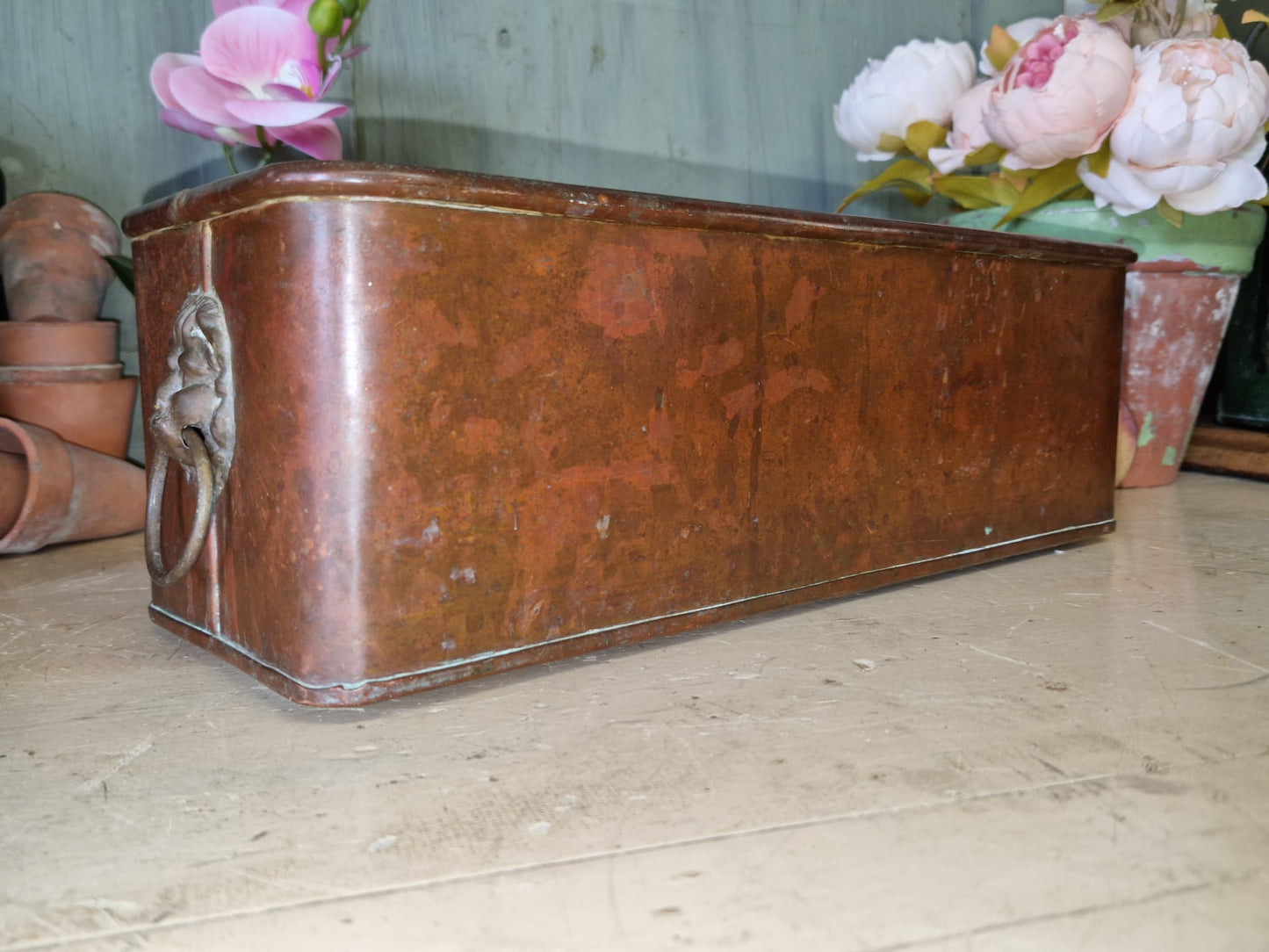 Vintage Copper Trough Tub Old Brass Lion Handles Planter Plant Pot Windowsill Container