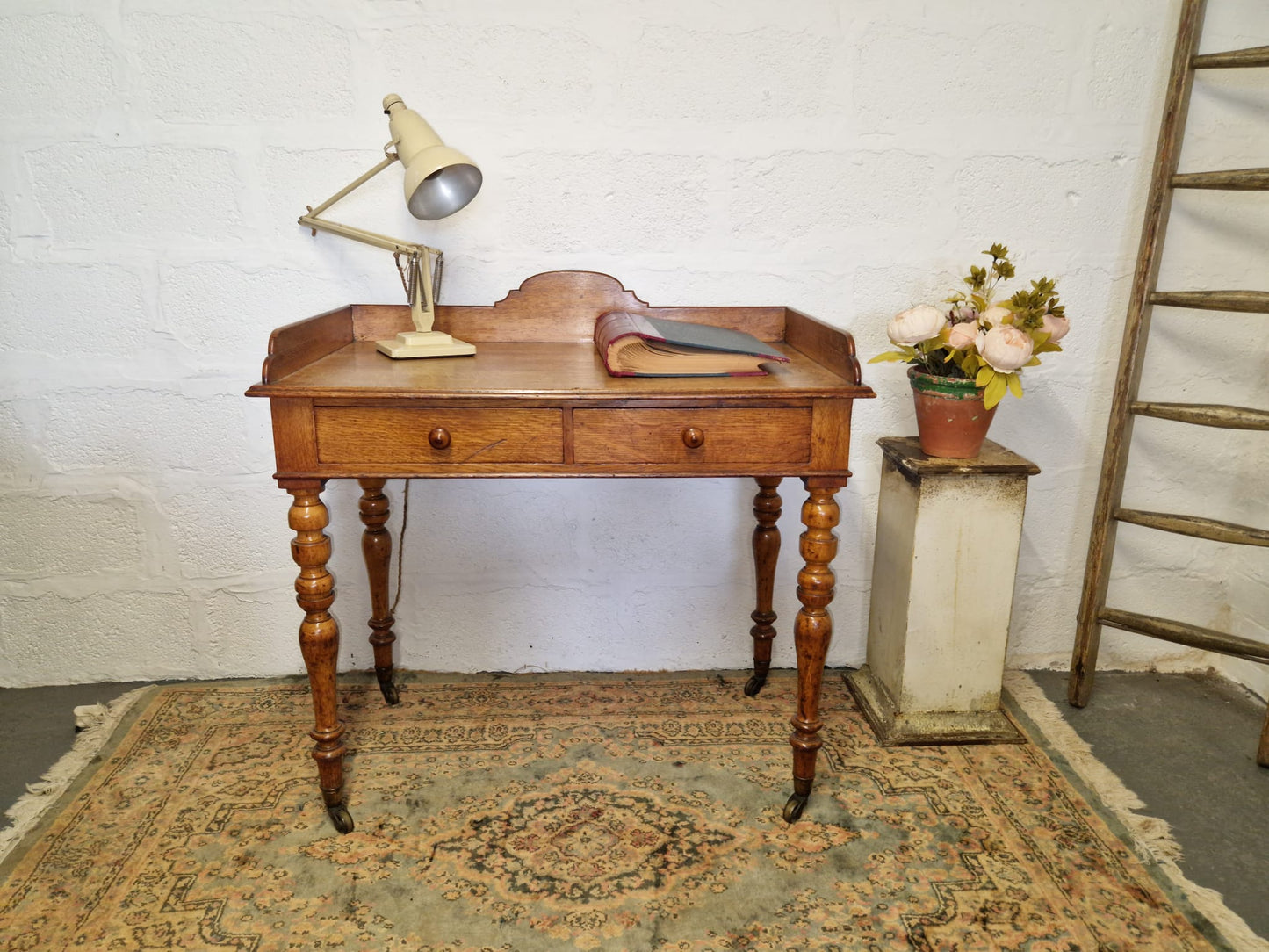 Antique 1850 Gillow Writing Desk 2 Drawer Oak Cope Collinson Castors Gillows