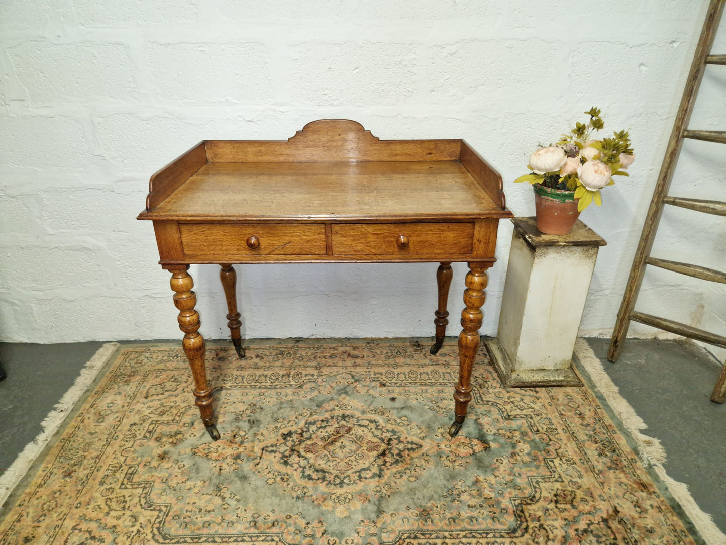 Antique 1850 Gillow Writing Desk 2 Drawer Oak Cope Collinson Castors Gillows