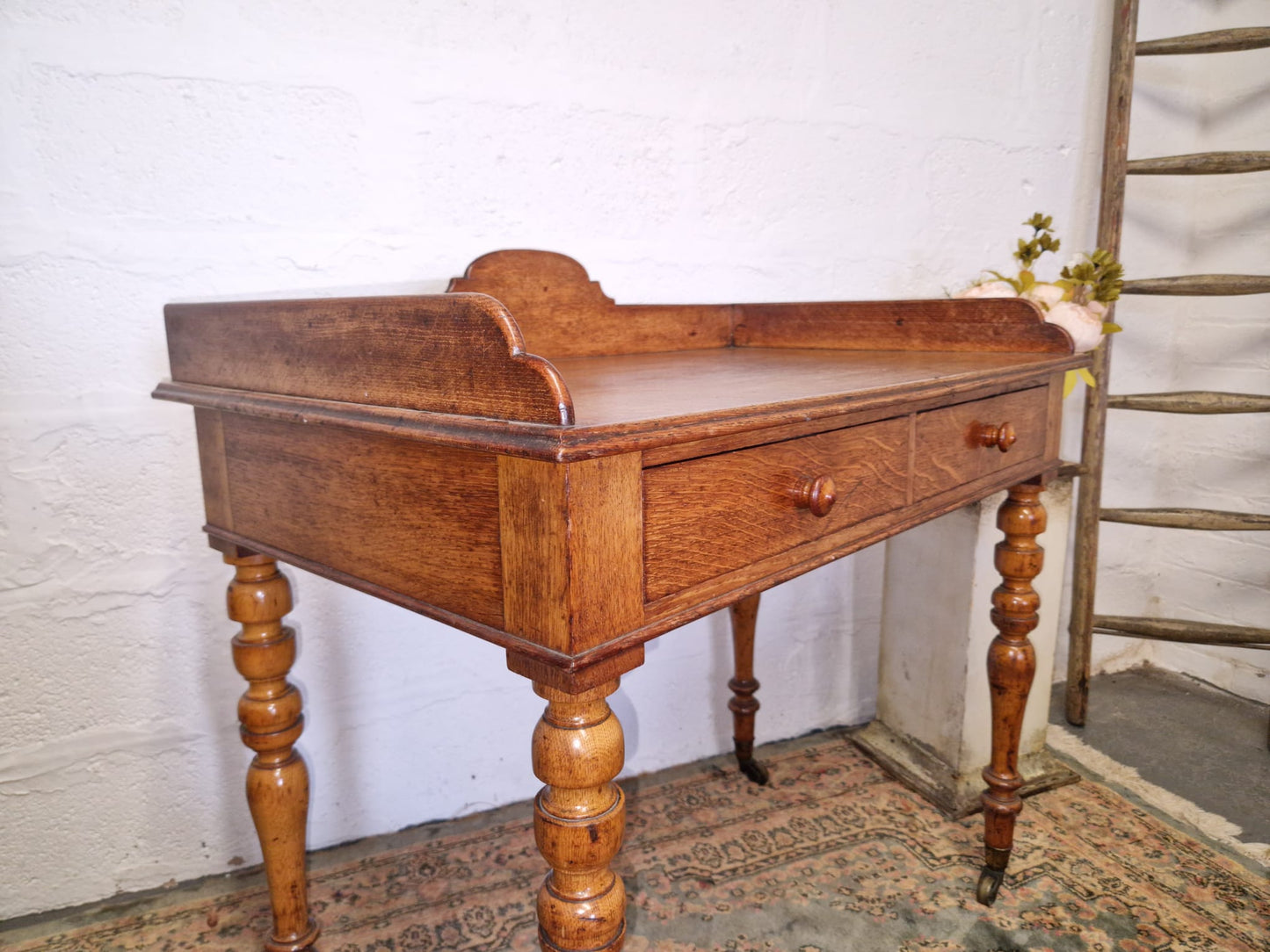 Antique 1850 Gillow Writing Desk 2 Drawer Oak Cope Collinson Castors Gillows