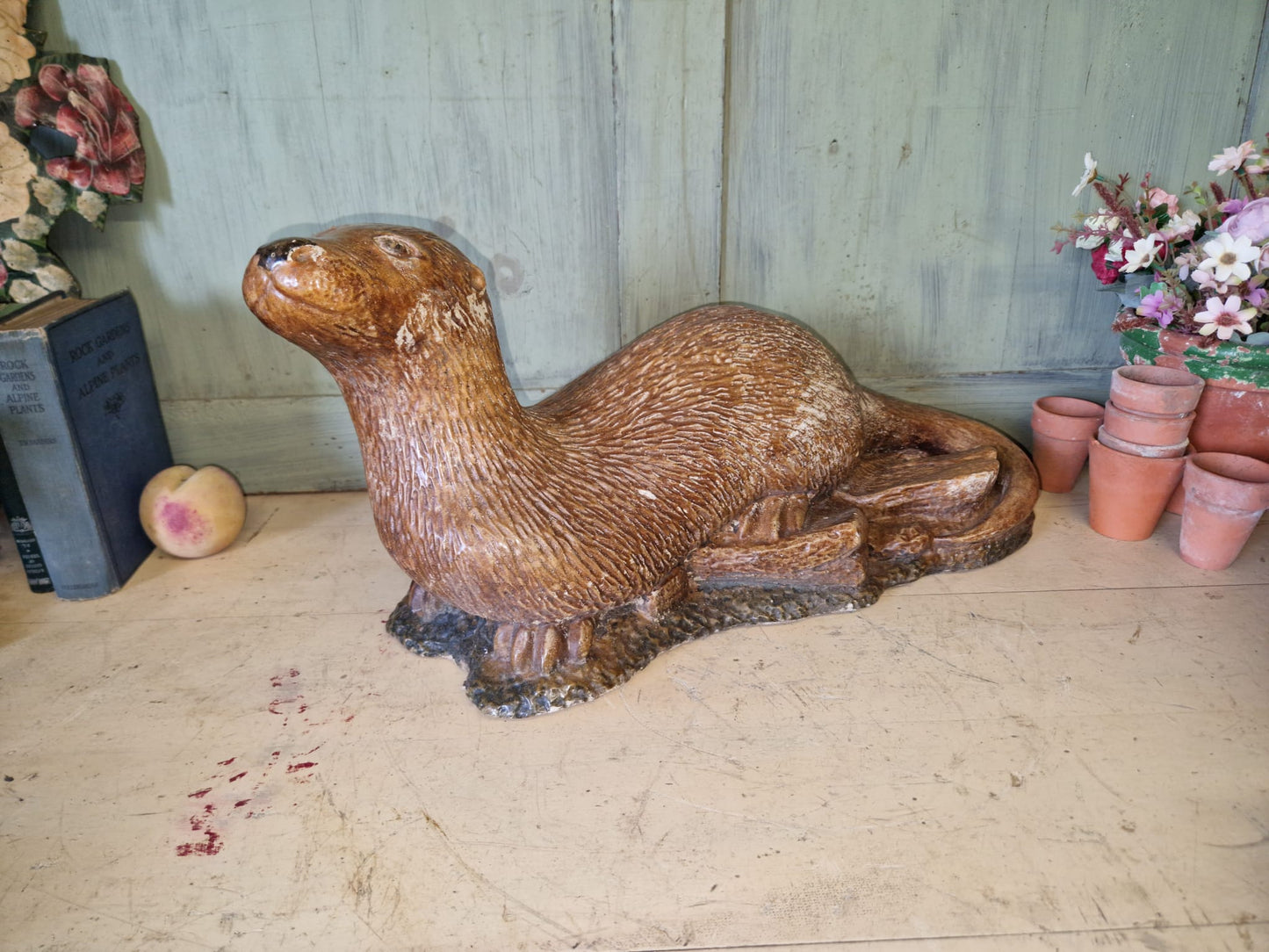 Vintage Hand Painted / Salt Glazed Otter - Garden Ornament