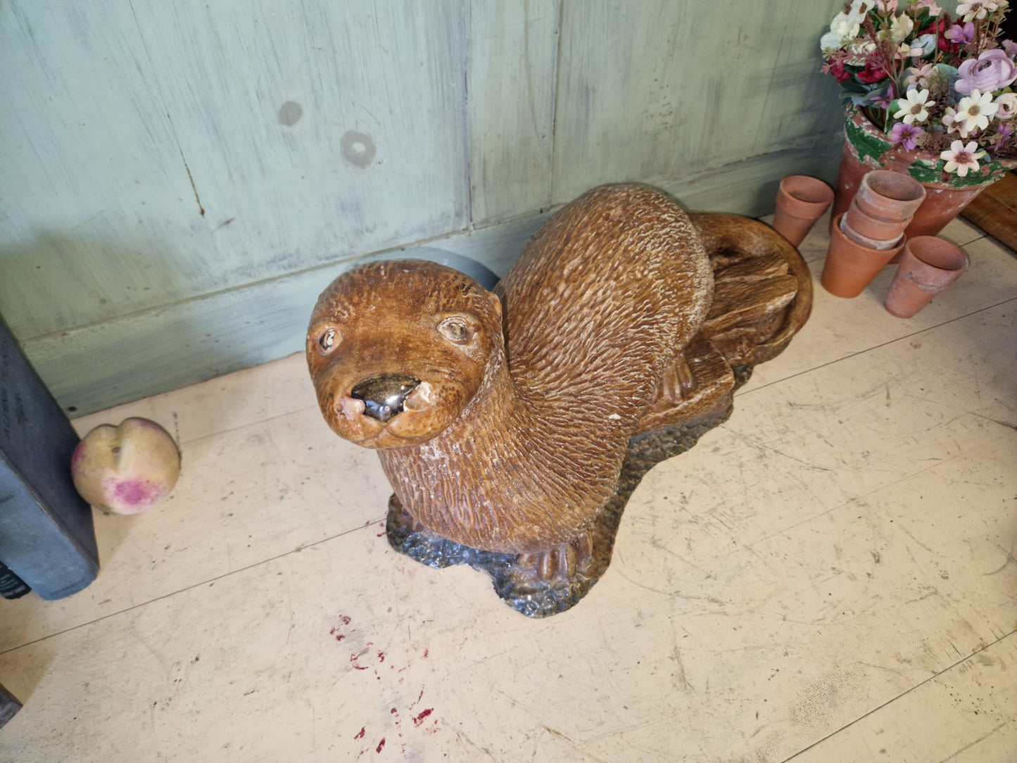 Vintage Hand Painted / Salt Glazed Otter - Garden Ornament