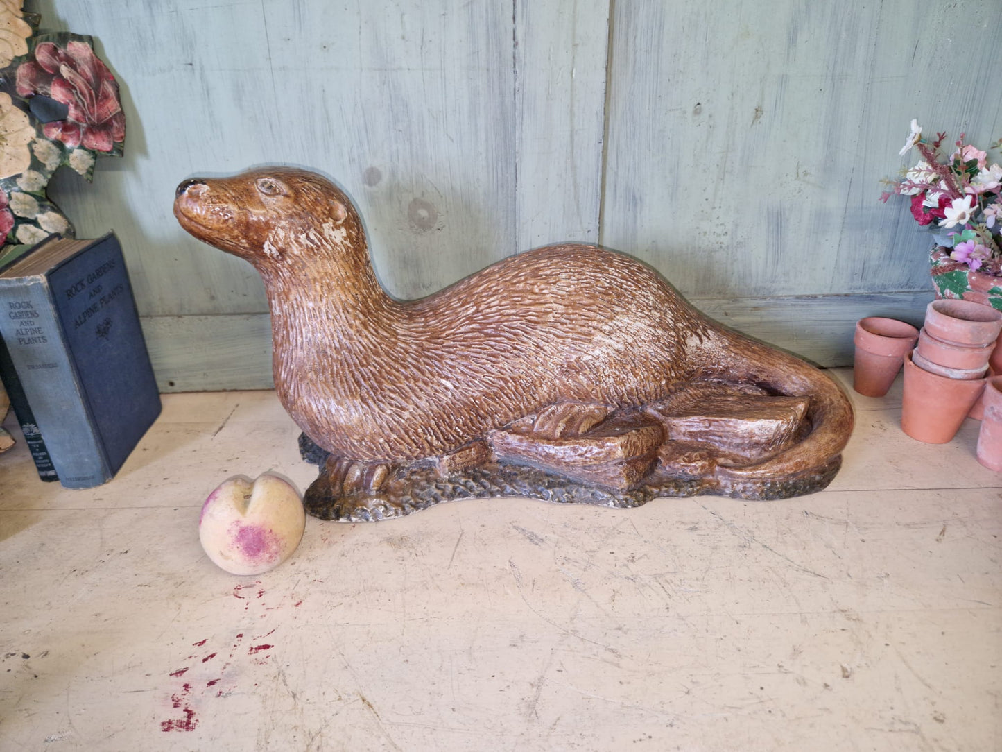 Vintage Hand Painted / Salt Glazed Otter - Garden Ornament