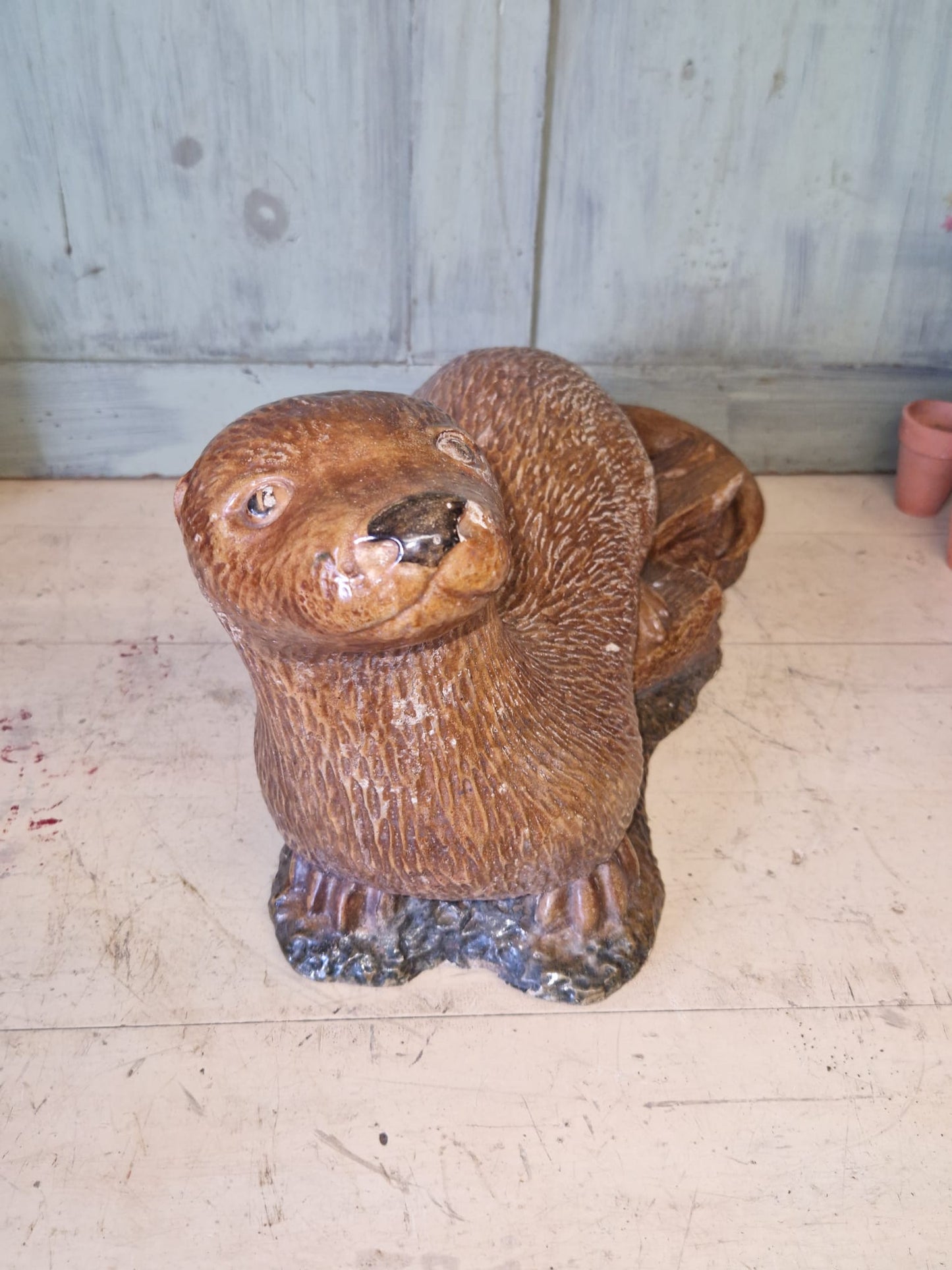 Vintage Hand Painted / Salt Glazed Otter - Garden Ornament